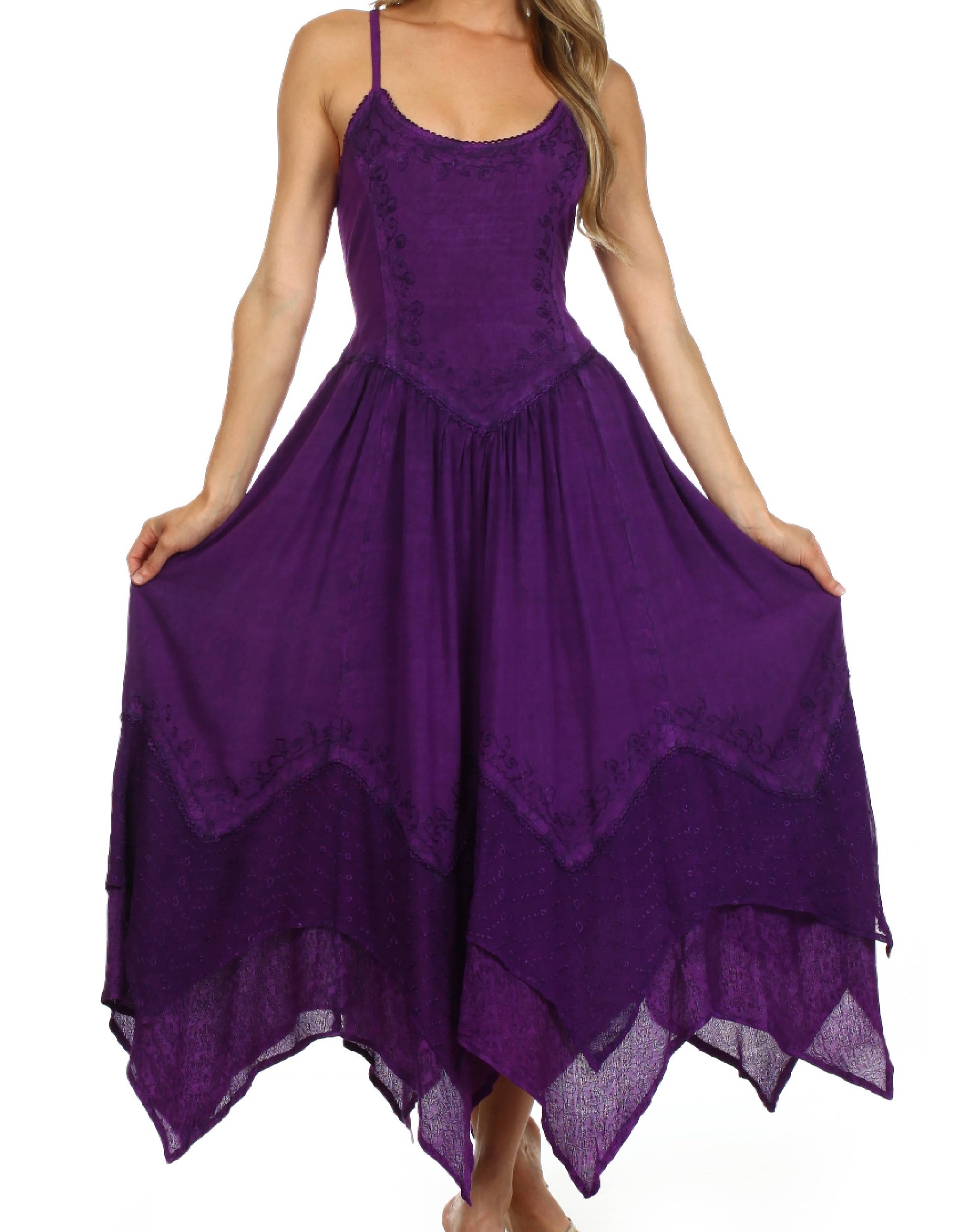 Sakkas Rayon Embroidered Stonewashed Adjustable Spaghetti Straps Long Dress - Concordia Style Boutique