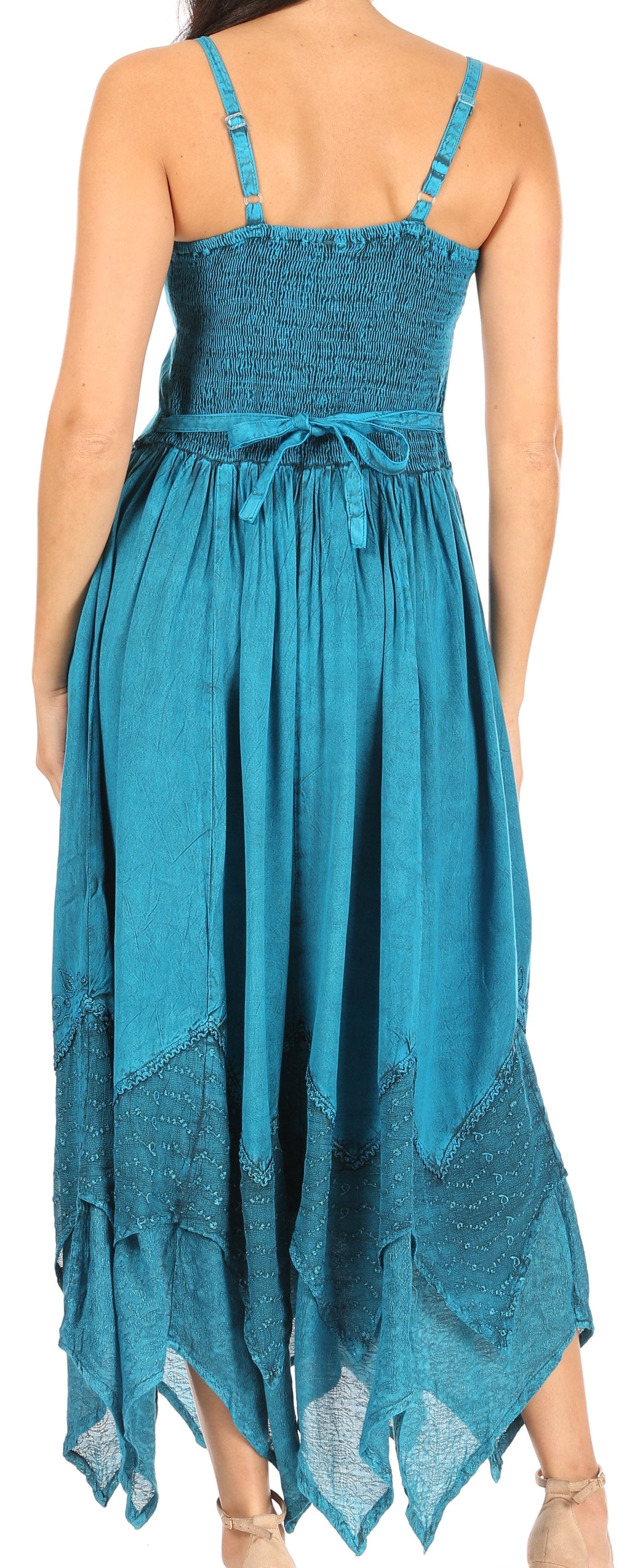 Sakkas Rayon Embroidered Stonewashed Adjustable Spaghetti Straps Long Dress - Concordia Style Boutique