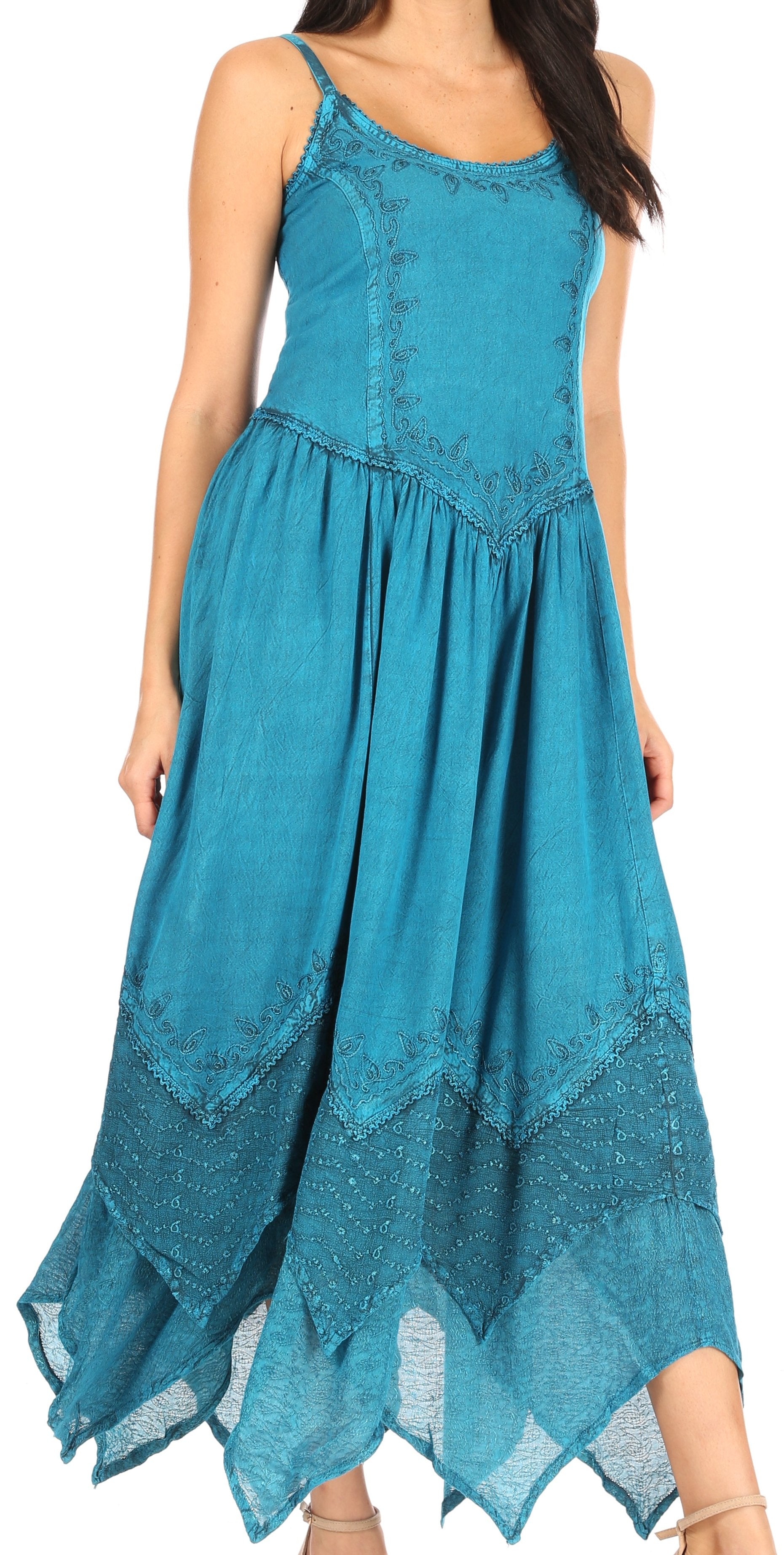 Sakkas Rayon Embroidered Stonewashed Adjustable Spaghetti Straps Long Dress - Concordia Style Boutique