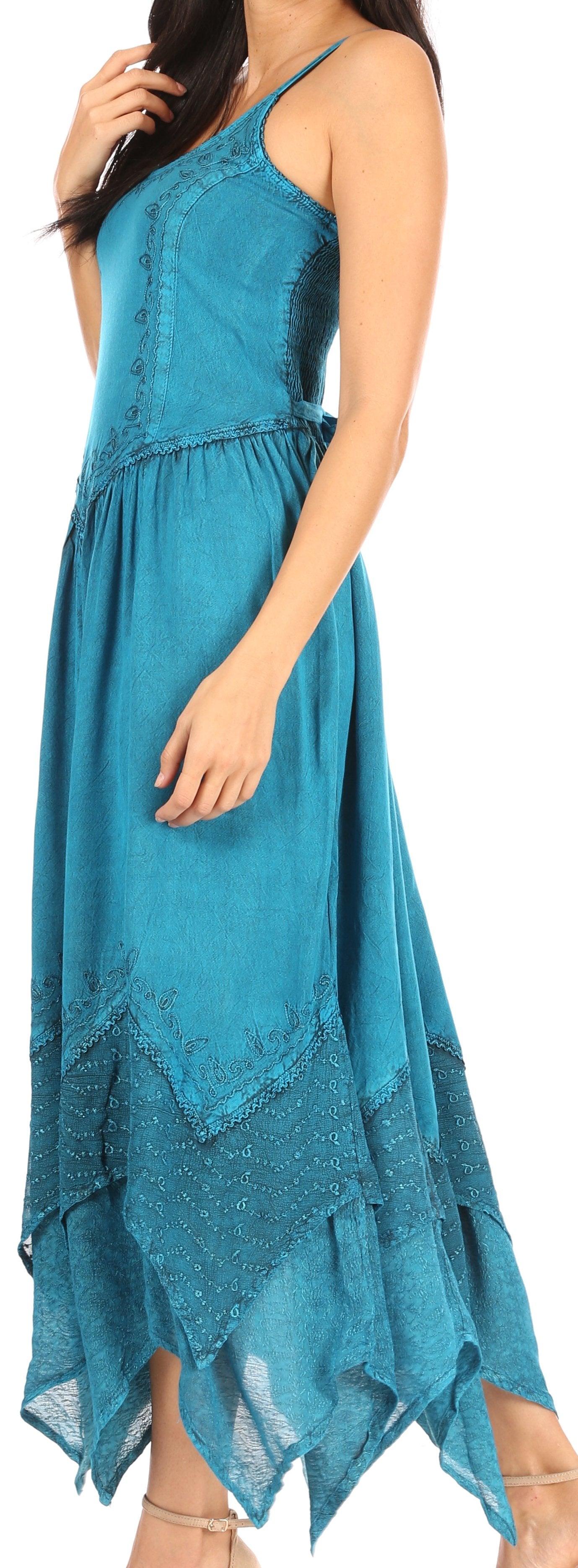 Sakkas Rayon Embroidered Stonewashed Adjustable Spaghetti Straps Long Dress - Concordia Style Boutique