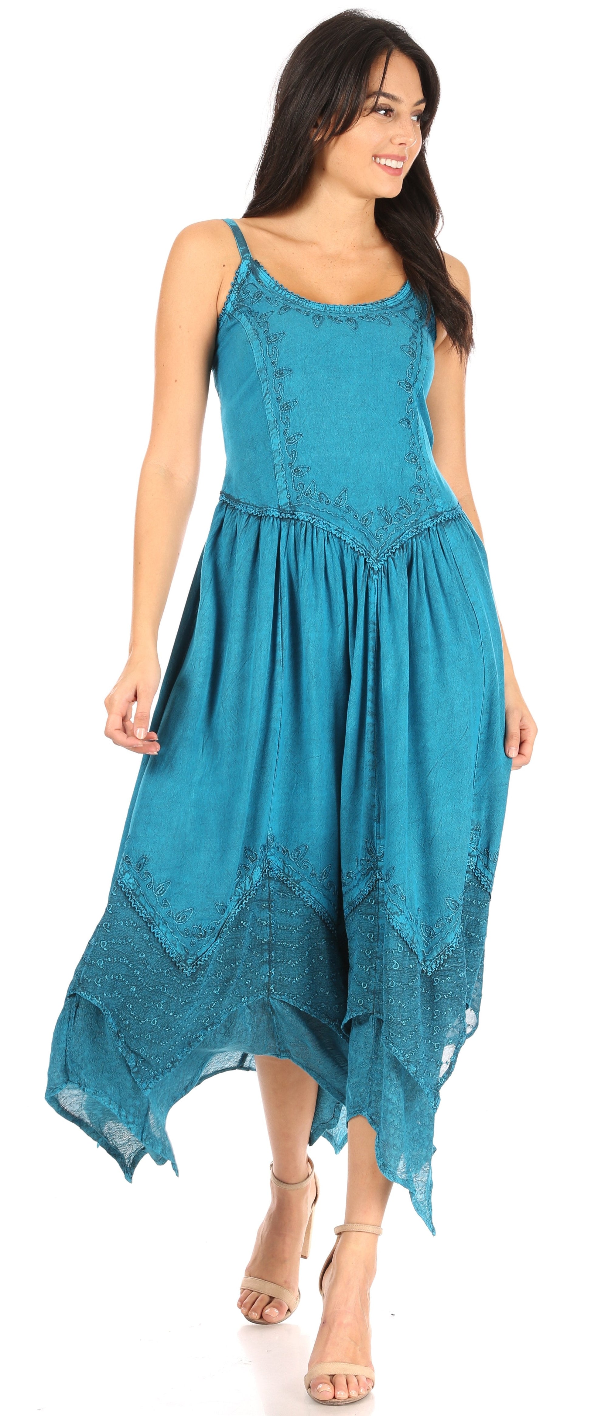 Sakkas Rayon Embroidered Stonewashed Adjustable Spaghetti Straps Long Dress - Concordia Style Boutique
