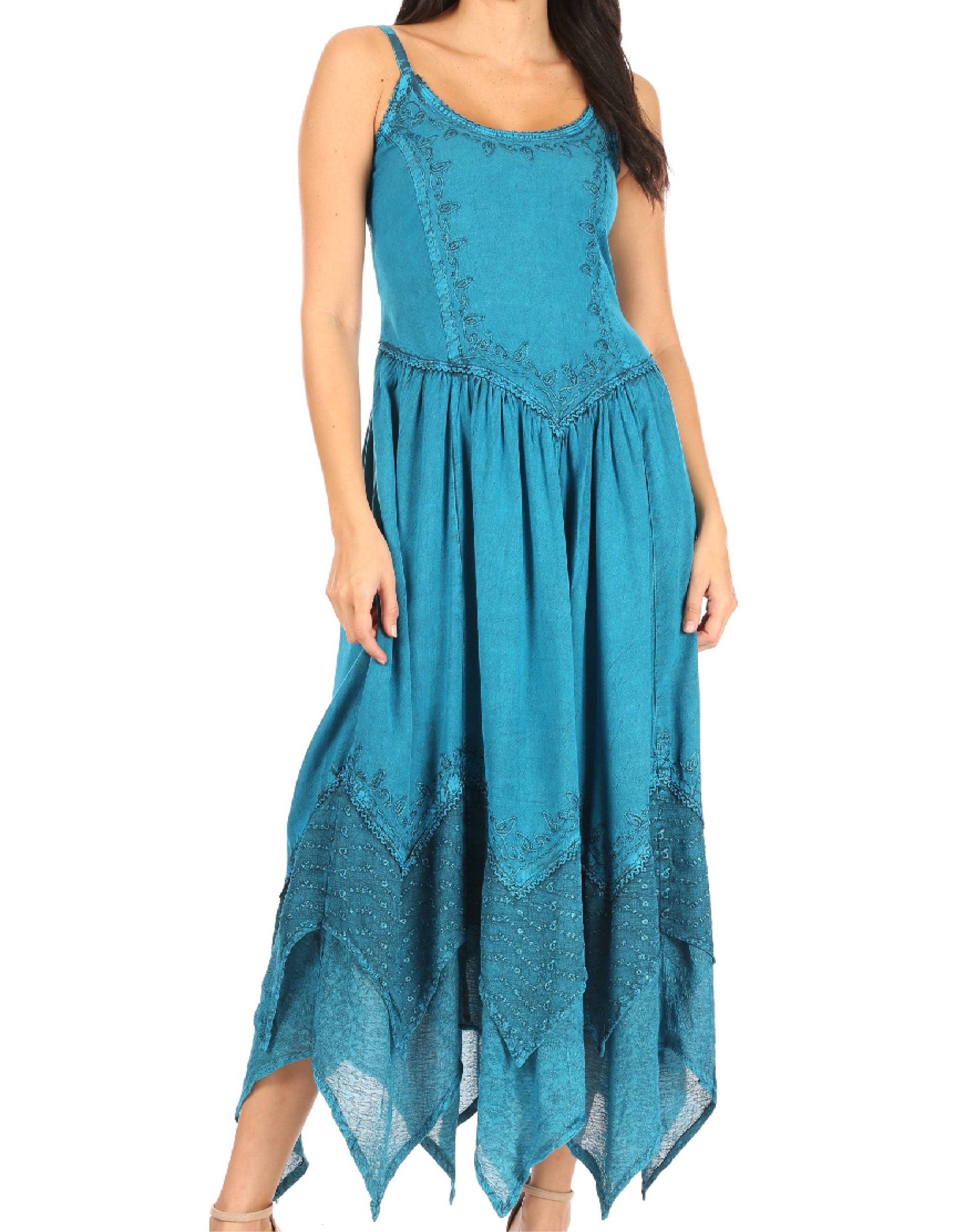 Sakkas Rayon Embroidered Stonewashed Adjustable Spaghetti Straps Long Dress - Concordia Style Boutique