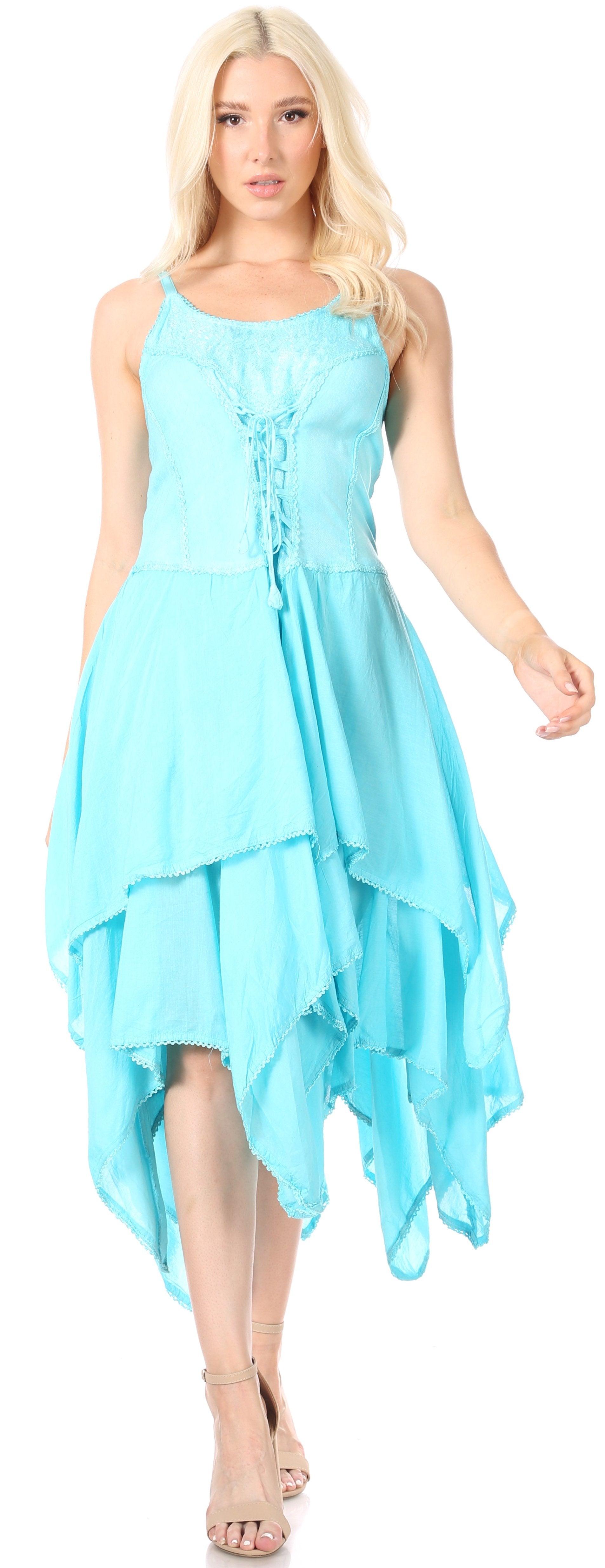 Sakkas Lady Mary Jacquard Corset Style Bodice Lightweight Handkerchief Hem Dress - Concordia Style Boutique