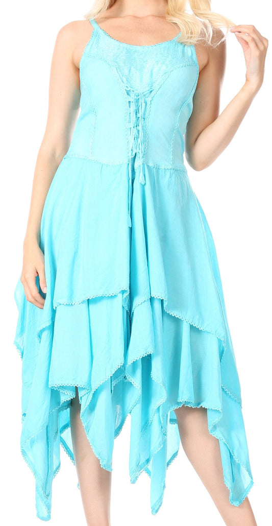 Sakkas Lady Mary Jacquard Corset Style Bodice Lightweight Handkerchief Hem Dress - Concordia Style Boutique