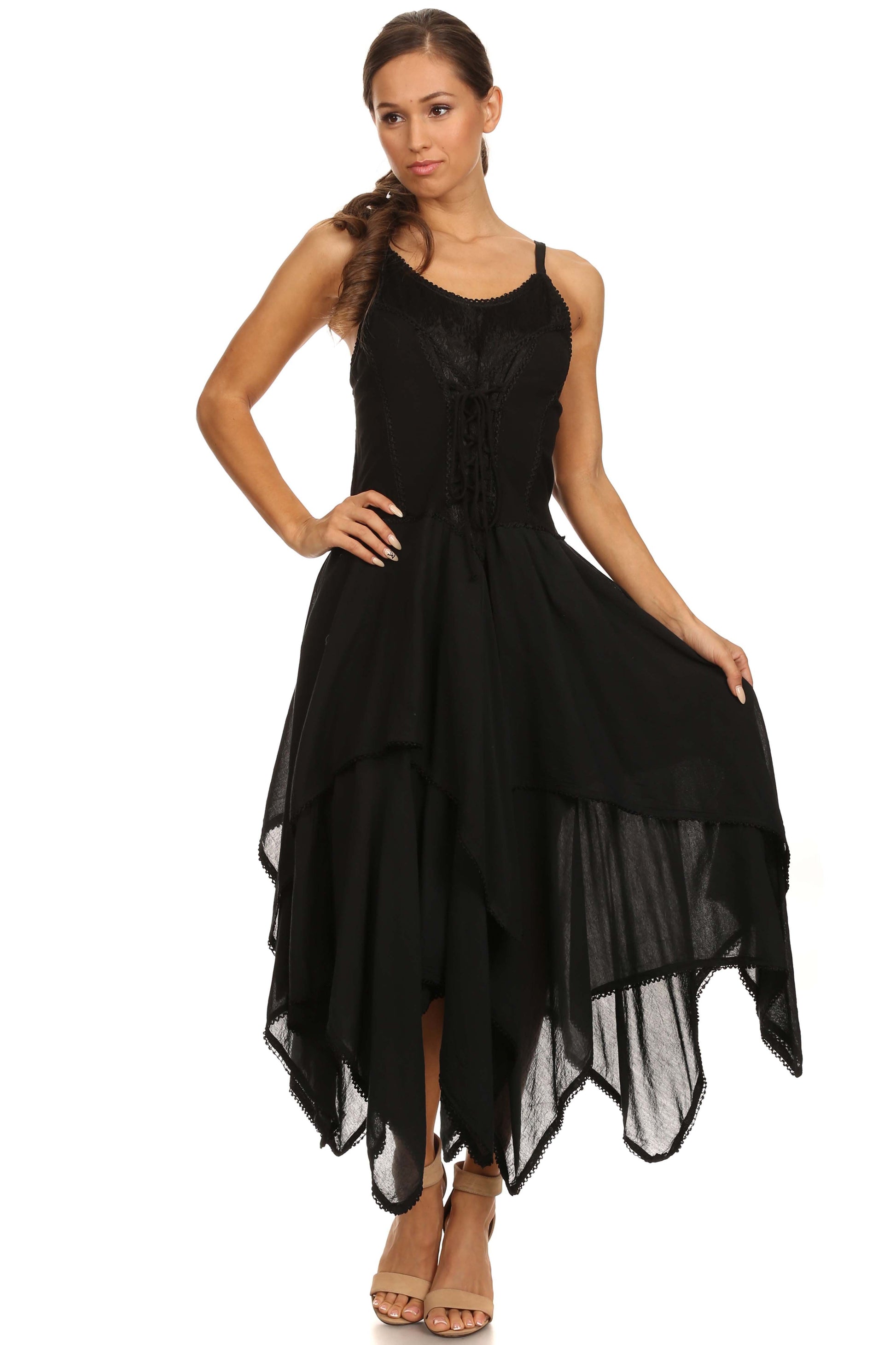 Sakkas Lady Mary Jacquard Corset Style Bodice Lightweight Handkerchief Hem Dress - Concordia Style Boutique