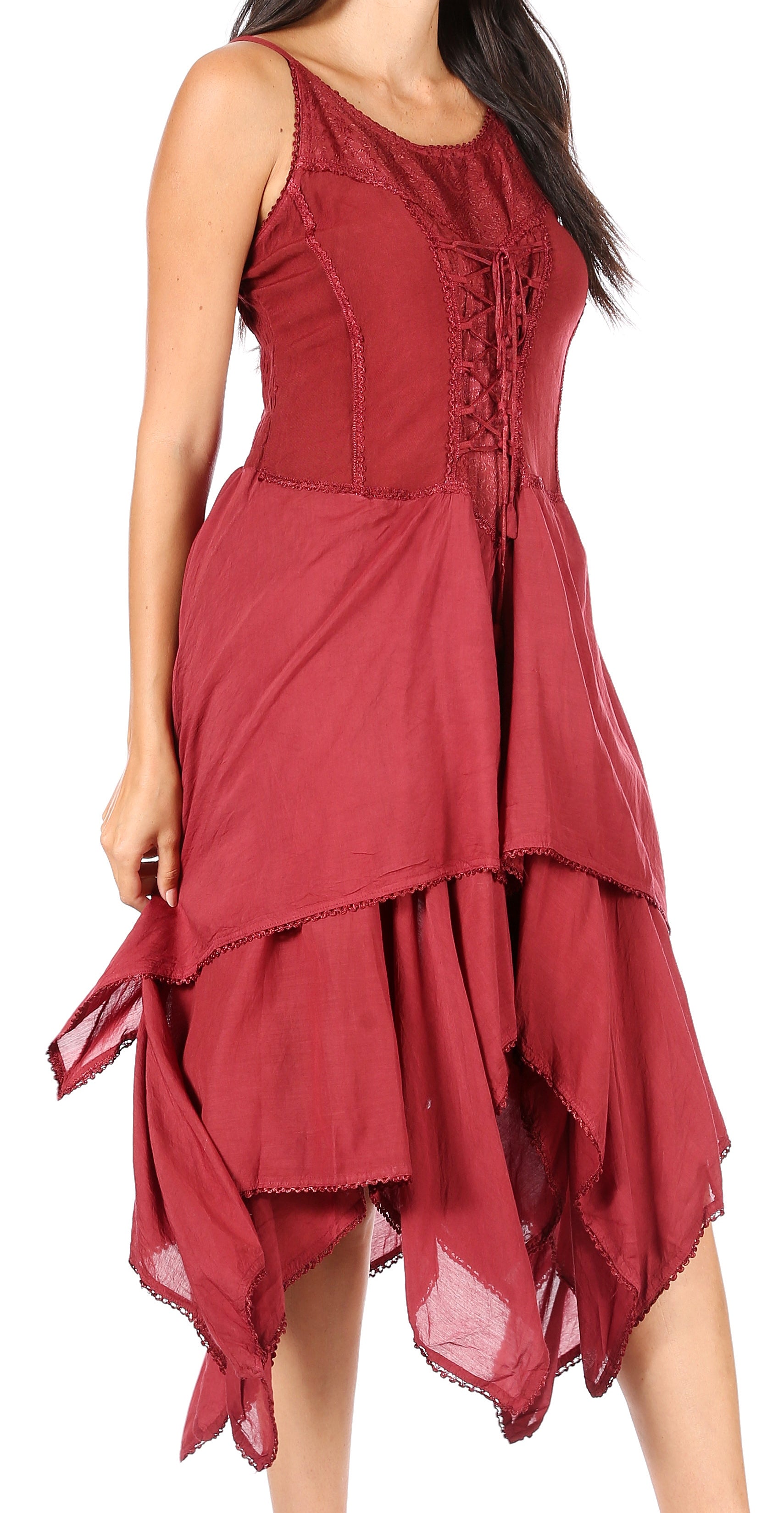 Sakkas Lady Mary Jacquard Corset Style Bodice Lightweight Handkerchief Hem Dress - Concordia Style Boutique