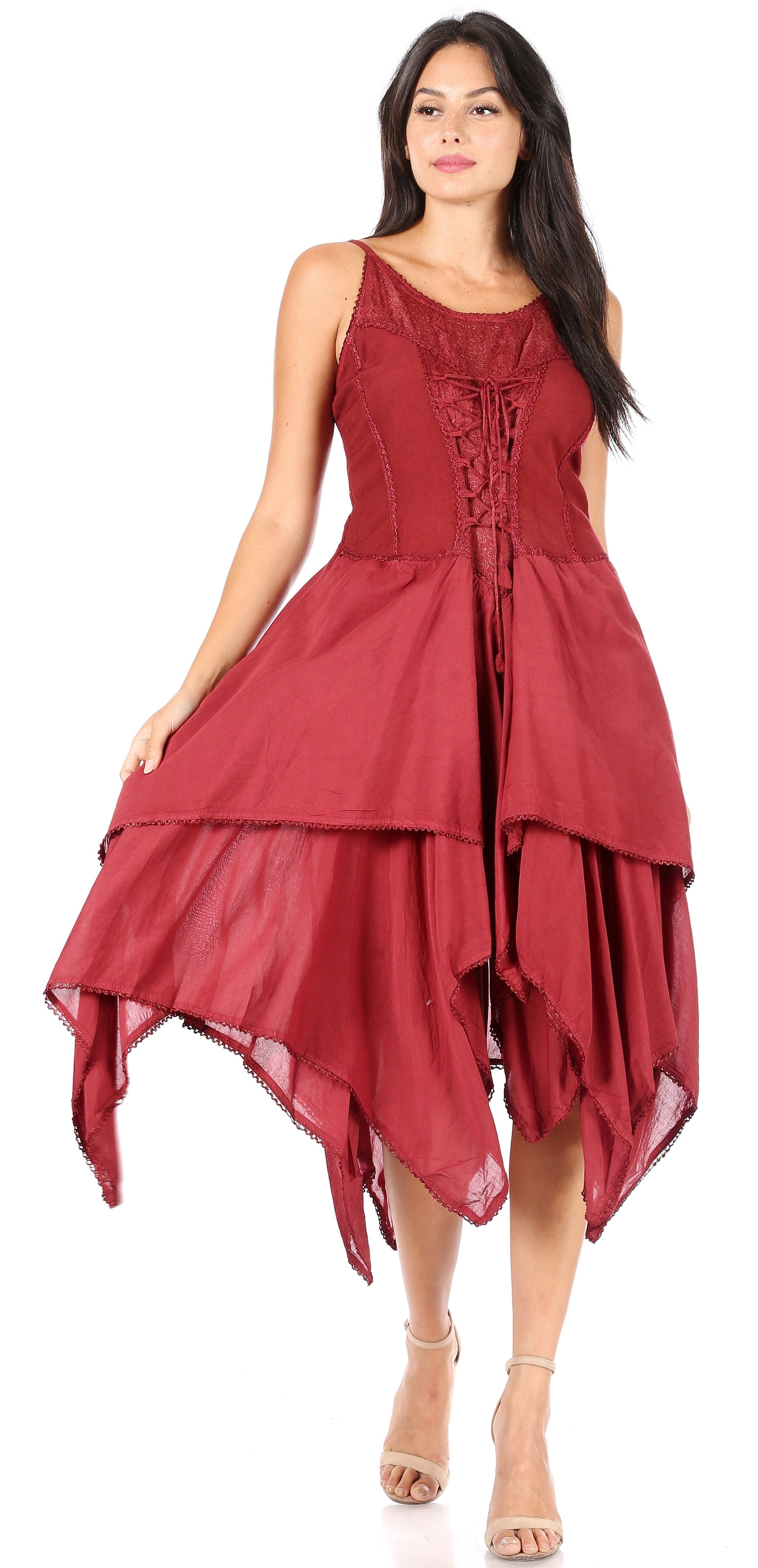 Sakkas Lady Mary Jacquard Corset Style Bodice Lightweight Handkerchief Hem Dress - Concordia Style Boutique