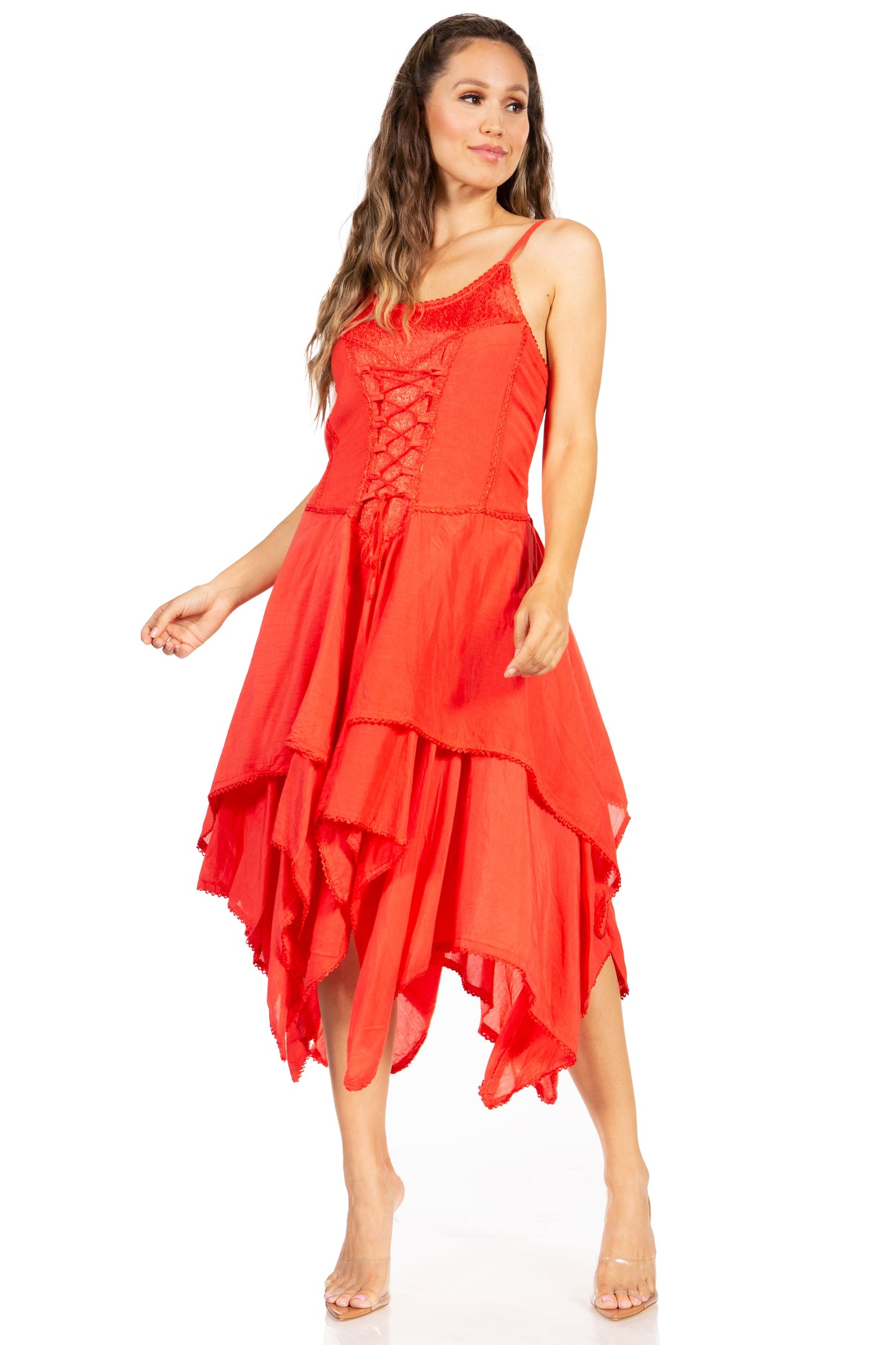 Sakkas Lady Mary Jacquard Corset Style Bodice Lightweight Handkerchief Hem Dress - Concordia Style Boutique