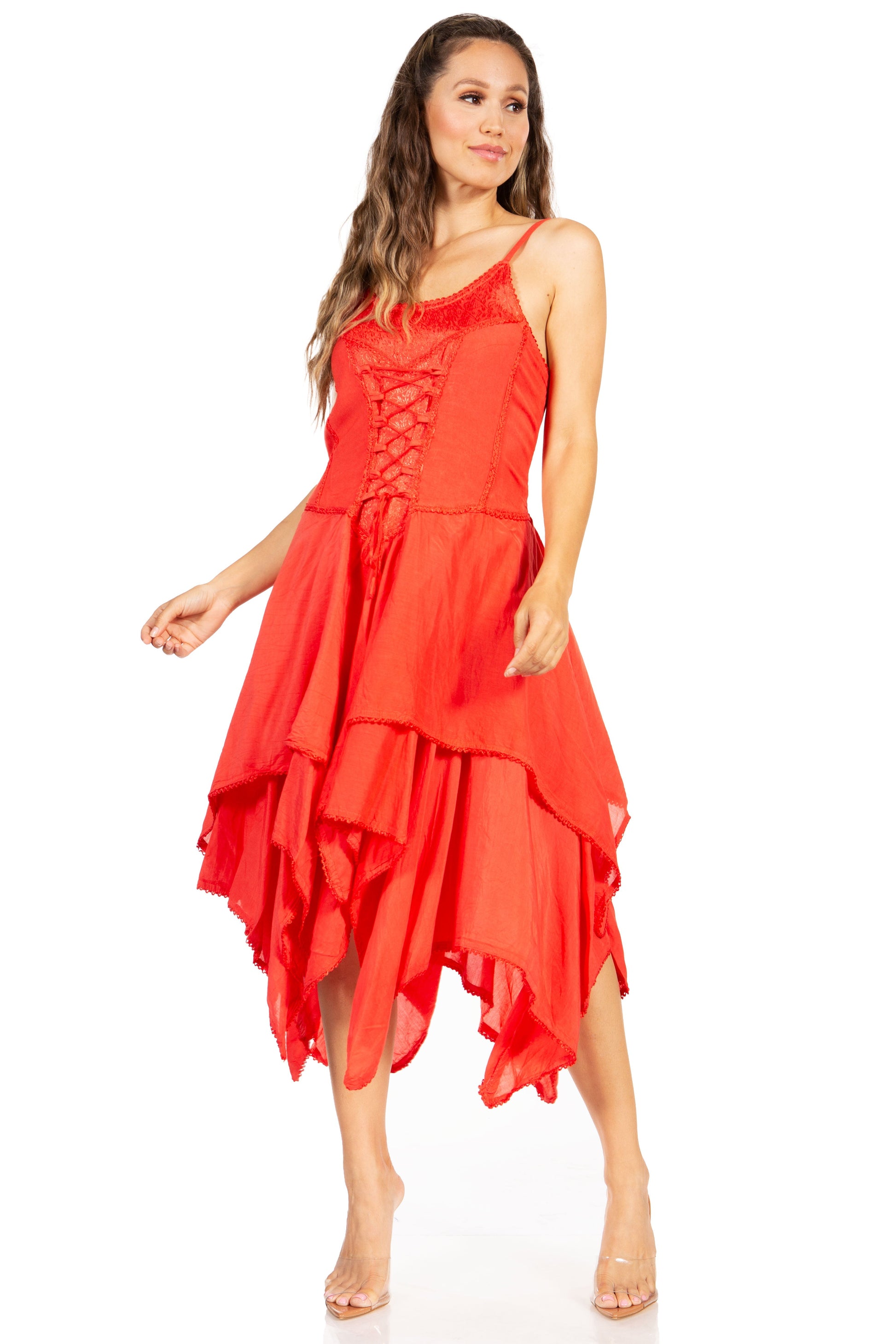 Sakkas Lady Mary Jacquard Corset Style Bodice Lightweight Handkerchief Hem Dress - Concordia Style Boutique
