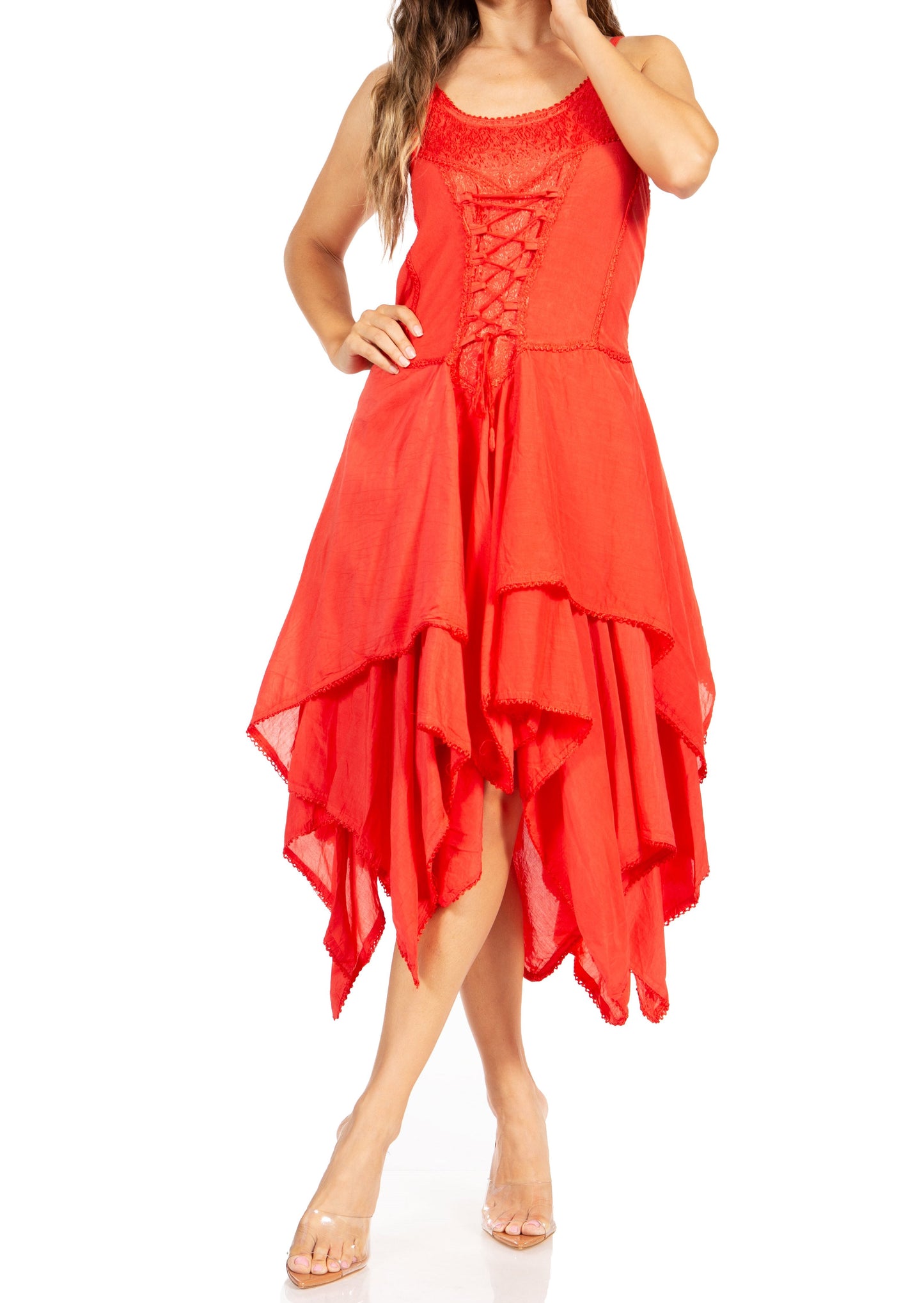 Sakkas Lady Mary Jacquard Corset Style Bodice Lightweight Handkerchief Hem Dress - Concordia Style Boutique