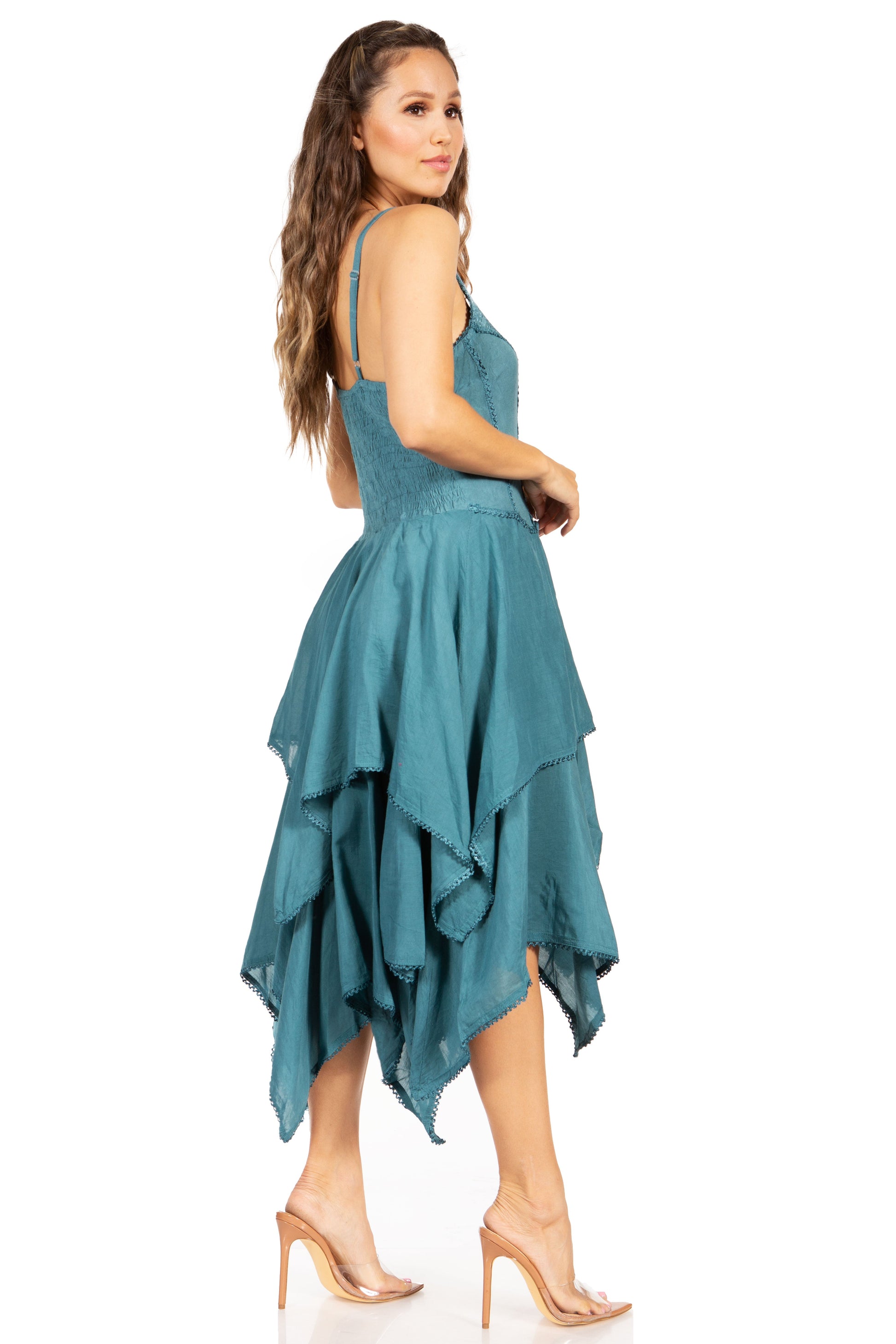Sakkas Lady Mary Jacquard Corset Style Bodice Lightweight Handkerchief Hem Dress - Concordia Style Boutique