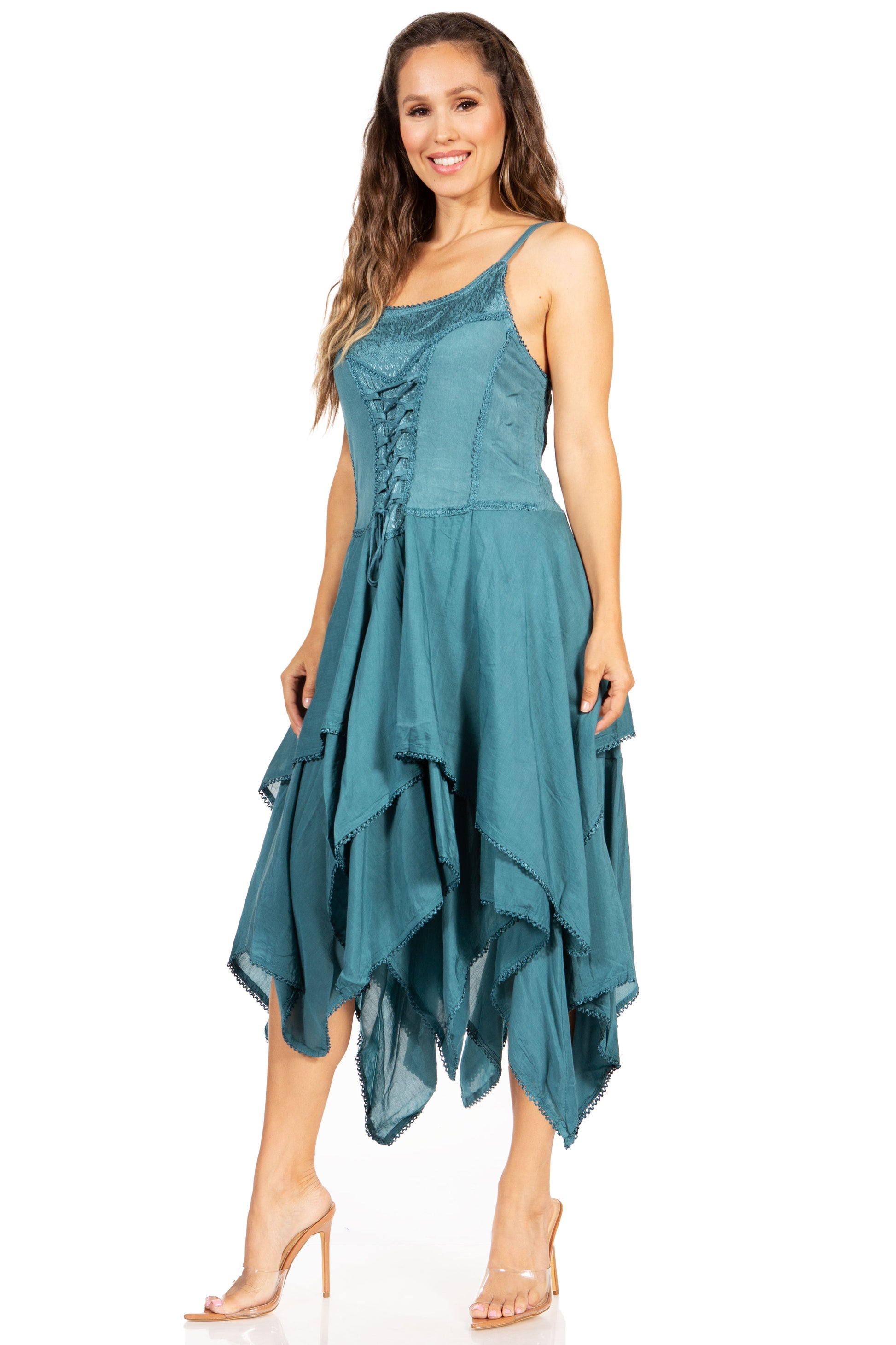 Sakkas Lady Mary Jacquard Corset Style Bodice Lightweight Handkerchief Hem Dress - Concordia Style Boutique