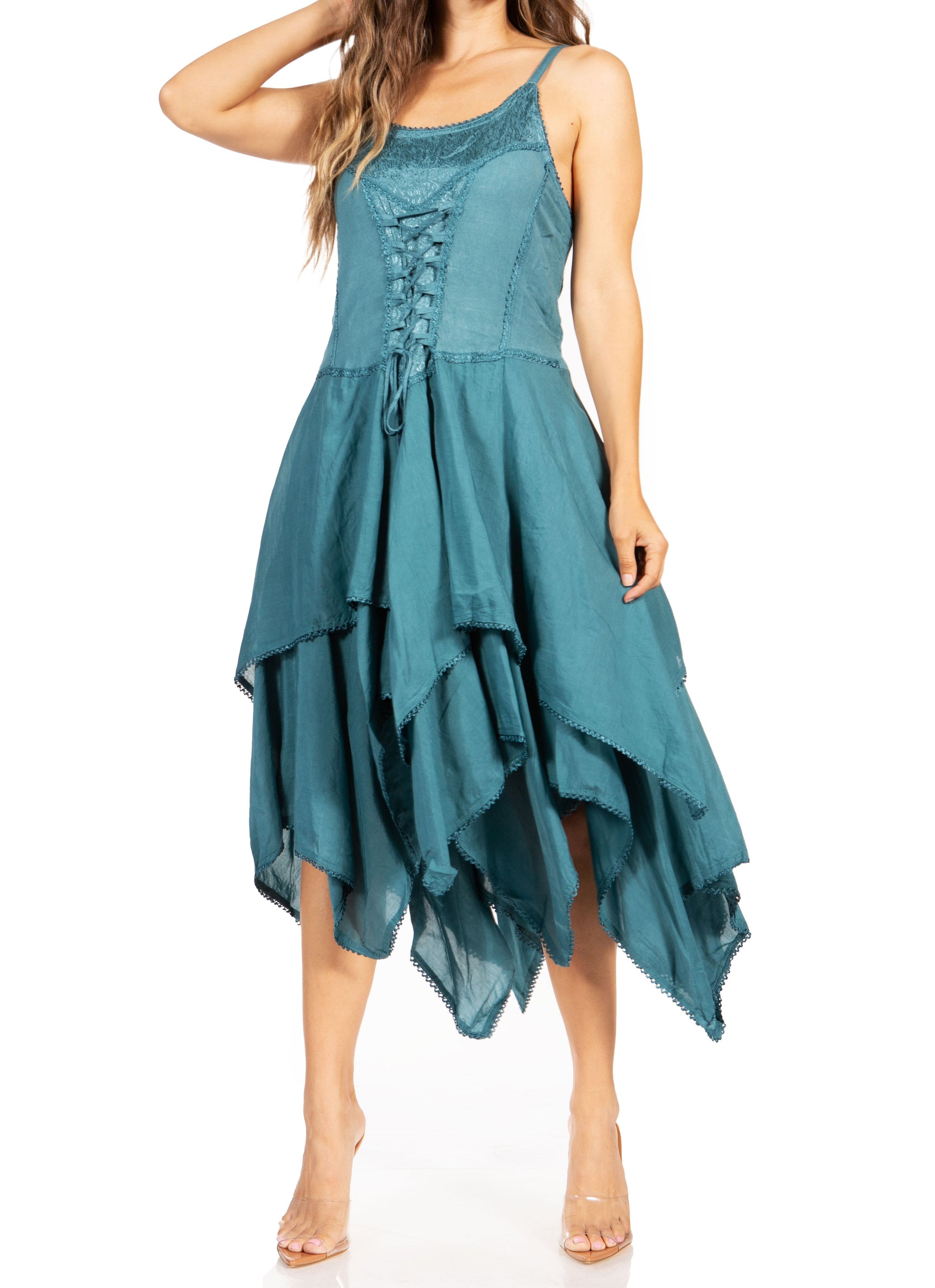 Sakkas Lady Mary Jacquard Corset Style Bodice Lightweight Handkerchief Hem Dress - Concordia Style Boutique