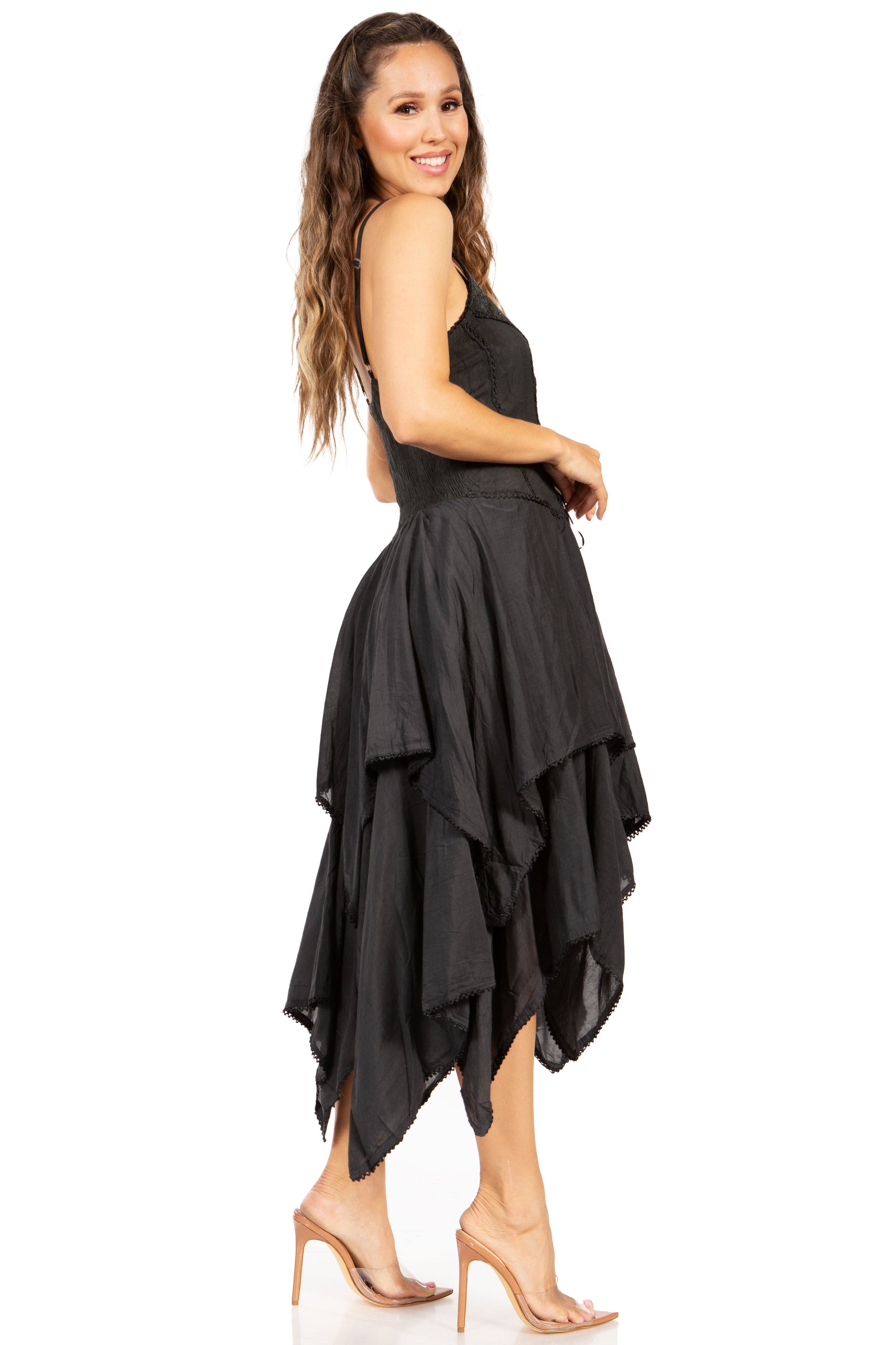 Sakkas Lady Mary Jacquard Corset Style Bodice Lightweight Handkerchief Hem Dress - Concordia Style Boutique