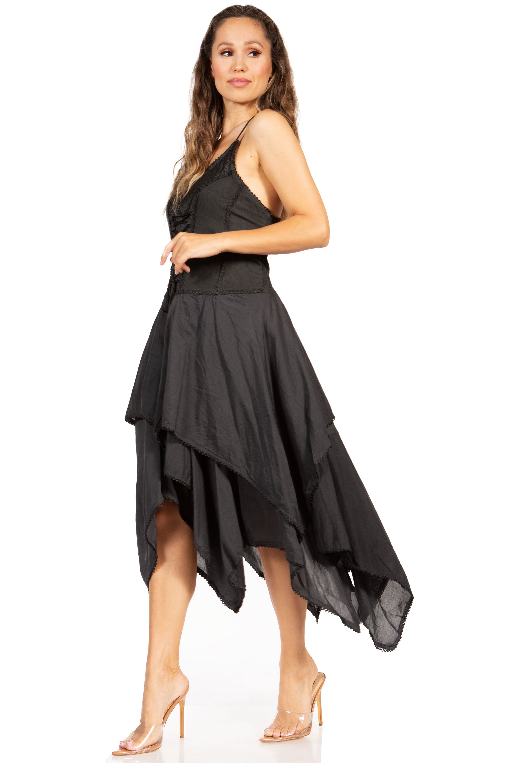 Sakkas Lady Mary Jacquard Corset Style Bodice Lightweight Handkerchief Hem Dress - Concordia Style Boutique