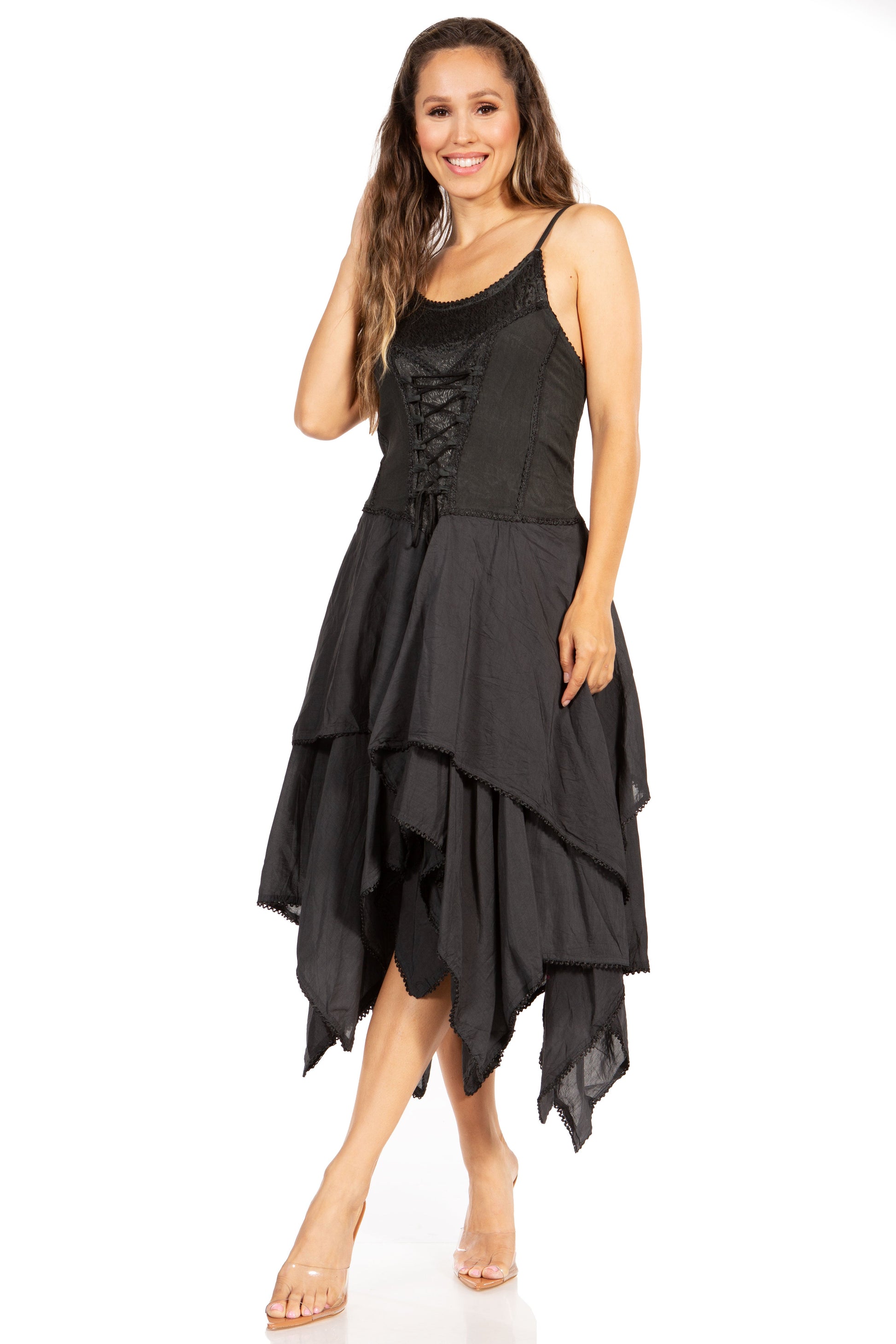 Sakkas Lady Mary Jacquard Corset Style Bodice Lightweight Handkerchief Hem Dress - Concordia Style Boutique