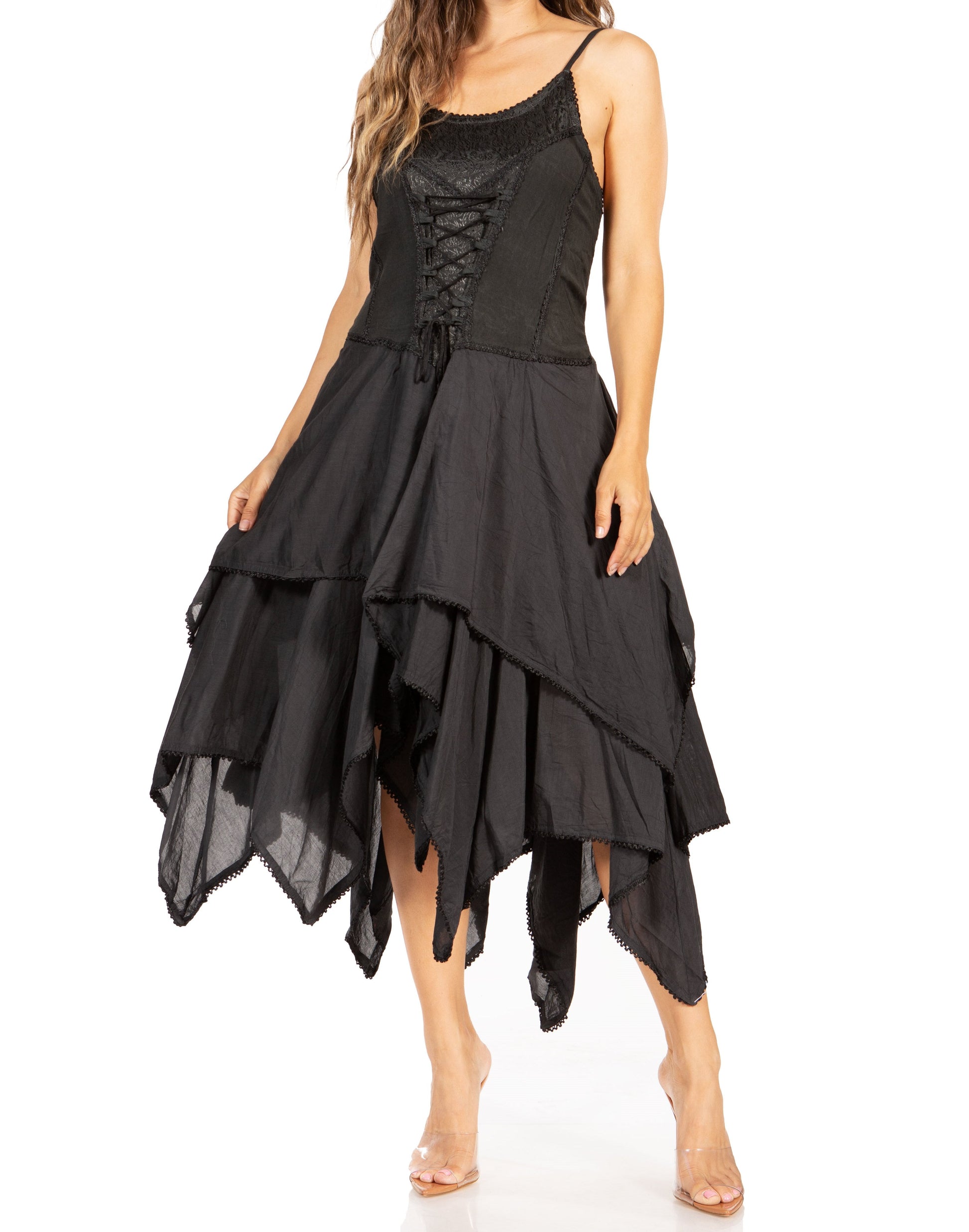 Sakkas Lady Mary Jacquard Corset Style Bodice Lightweight Handkerchief Hem Dress - Concordia Style Boutique