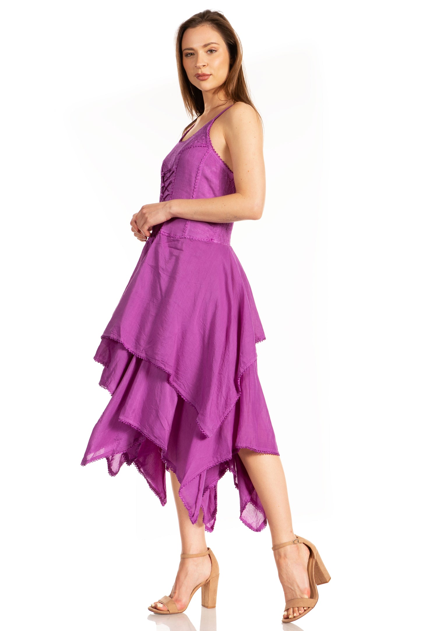 Sakkas Lady Mary Jacquard Corset Style Bodice Lightweight Handkerchief Hem Dress - Concordia Style Boutique