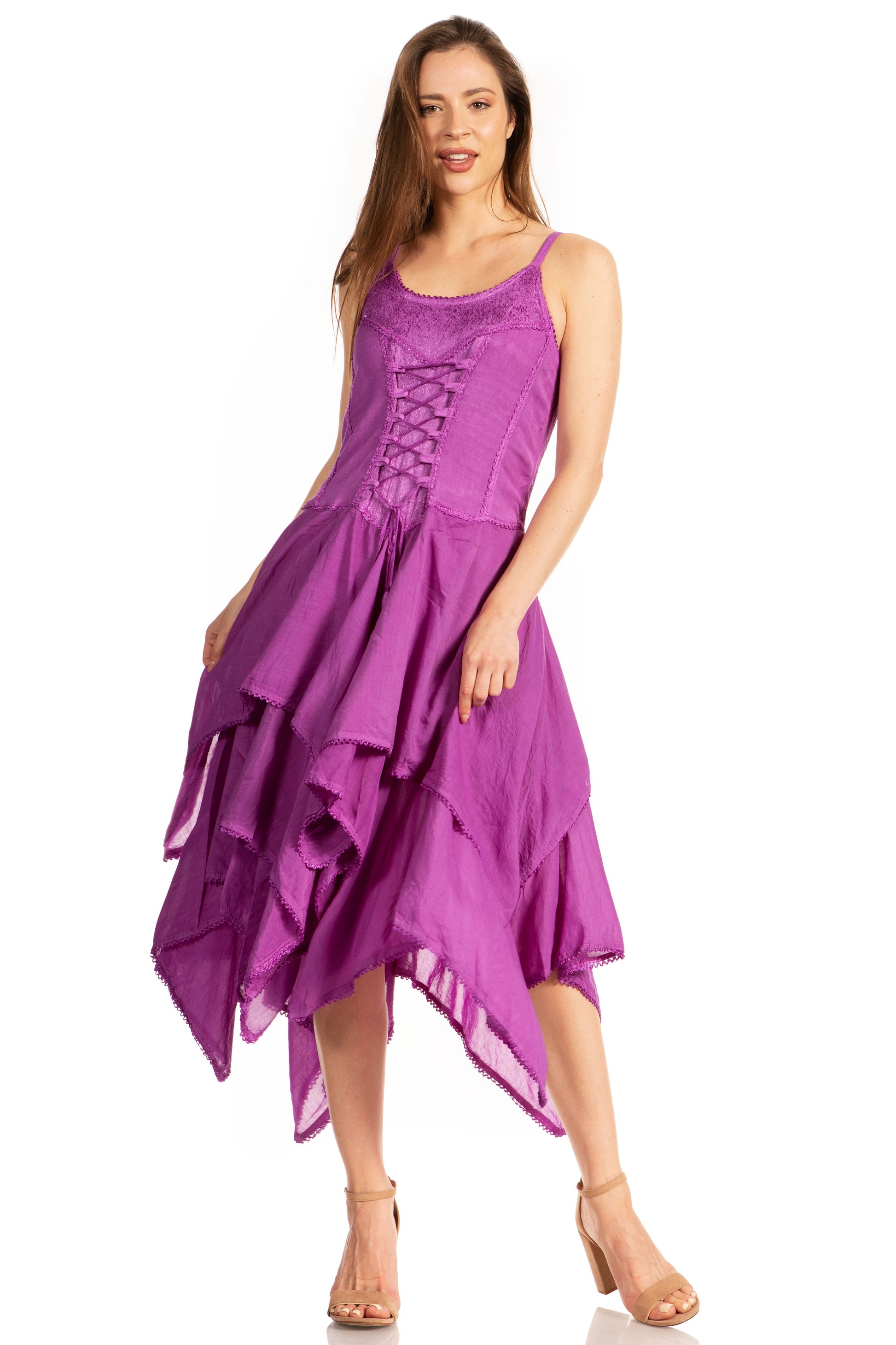 Sakkas Lady Mary Jacquard Corset Style Bodice Lightweight Handkerchief Hem Dress - Concordia Style Boutique