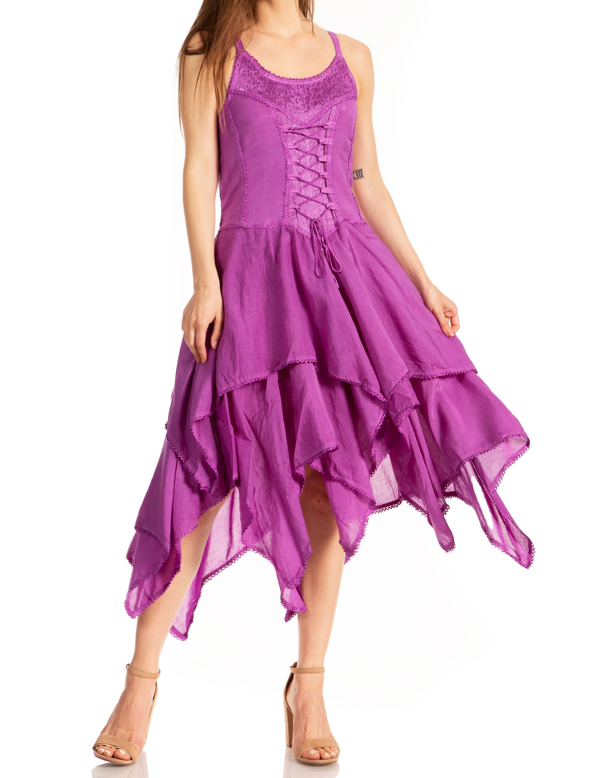 Sakkas Lady Mary Jacquard Corset Style Bodice Lightweight Handkerchief Hem Dress - Concordia Style Boutique