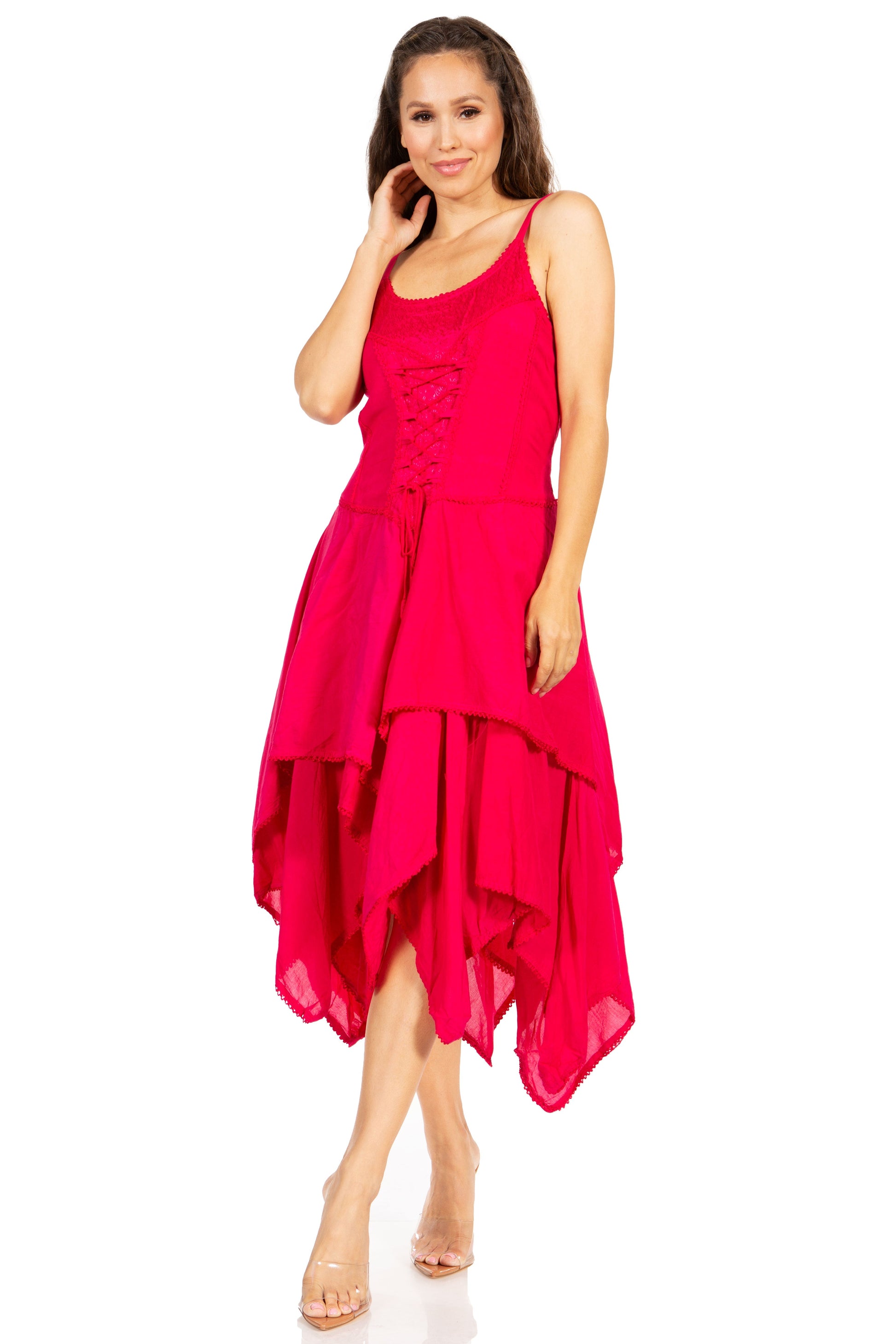 Sakkas Lady Mary Jacquard Corset Style Bodice Lightweight Handkerchief Hem Dress - Concordia Style Boutique