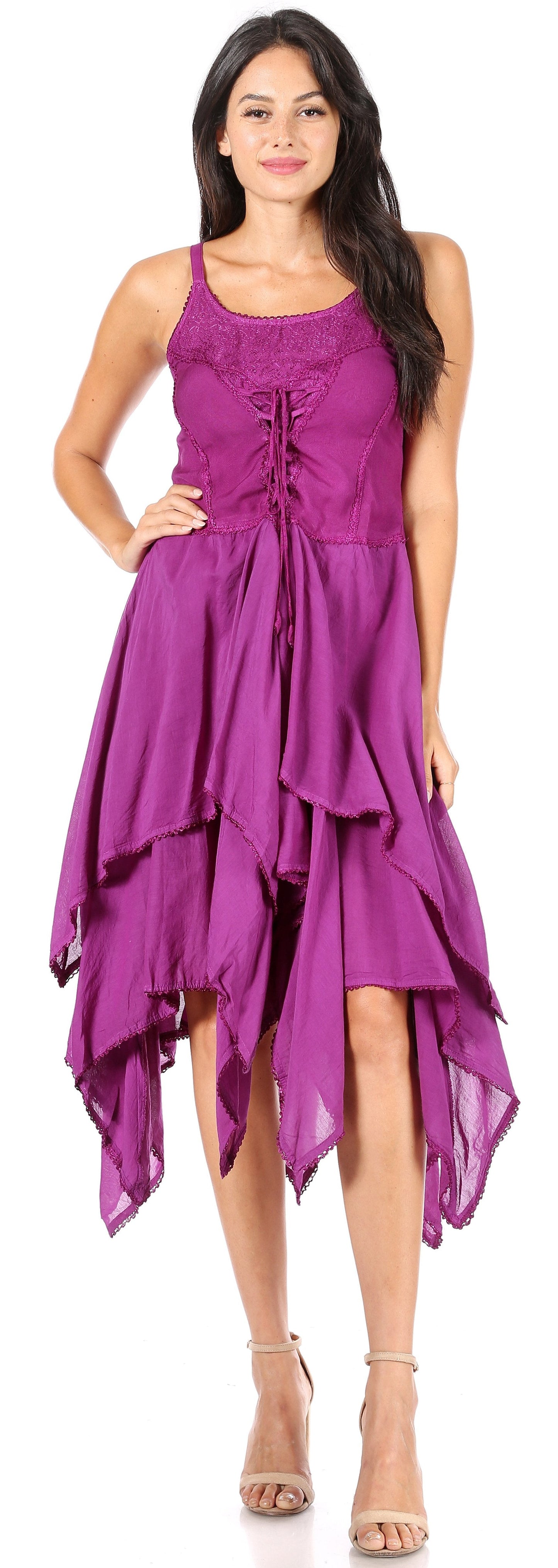 Sakkas Lady Mary Jacquard Corset Style Bodice Lightweight Handkerchief Hem Dress - Concordia Style Boutique