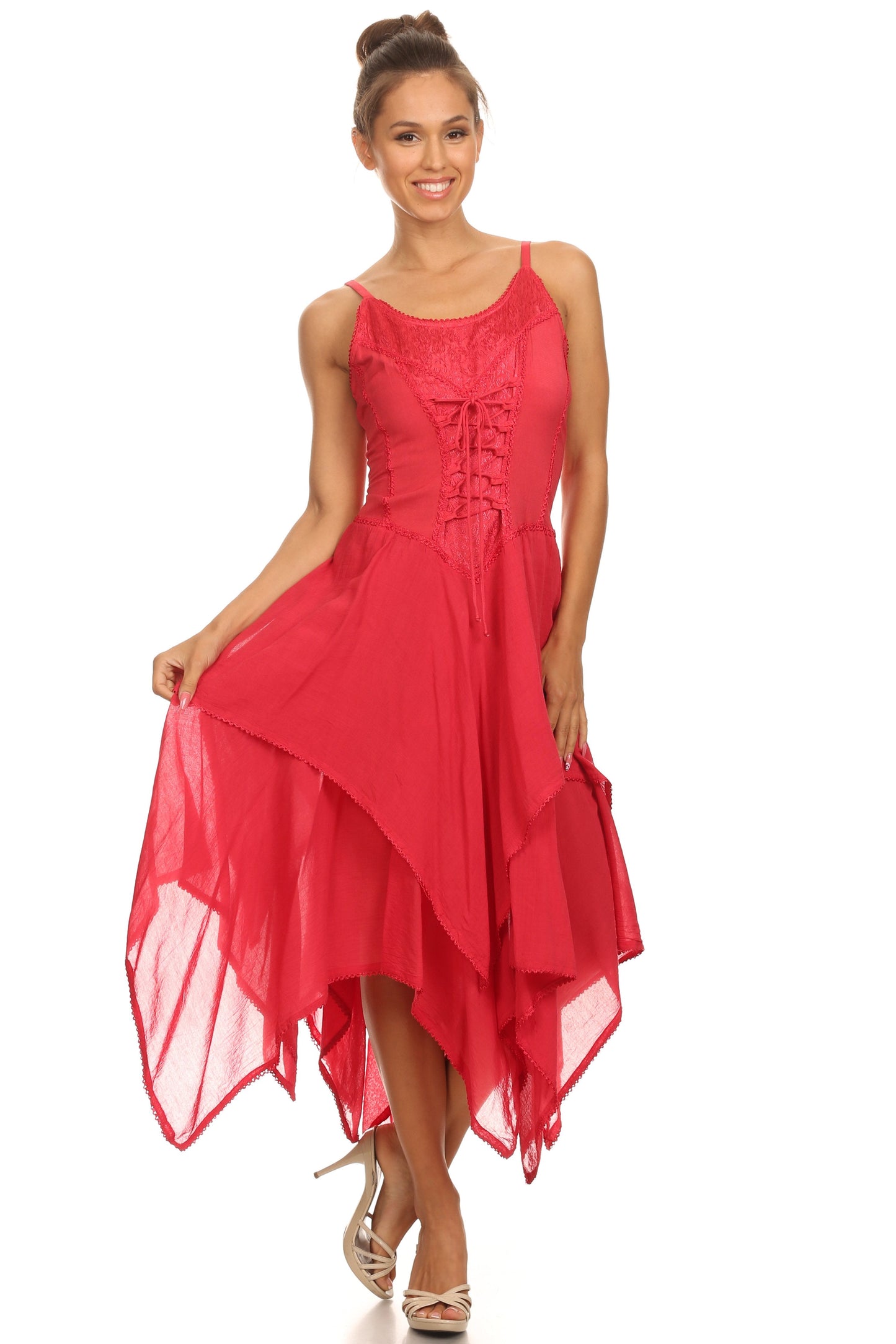 Sakkas Lady Mary Jacquard Corset Style Bodice Lightweight Handkerchief Hem Dress - Concordia Style Boutique