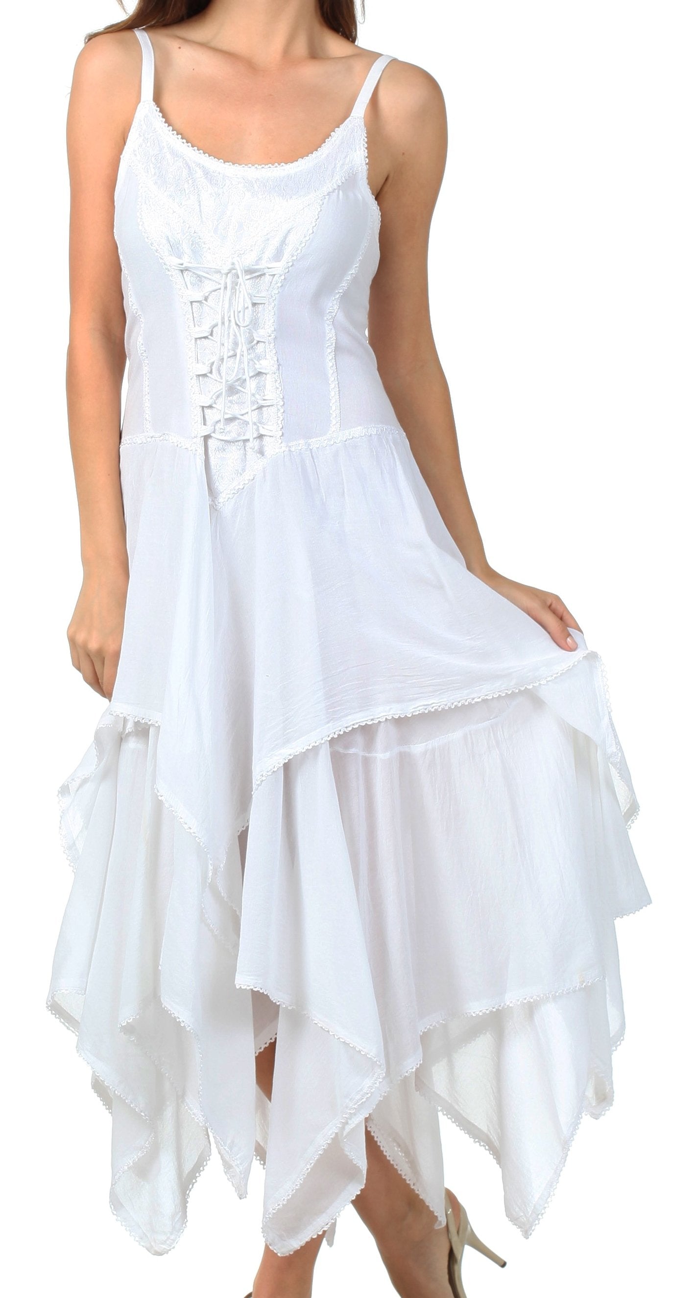 Sakkas Lady Mary Jacquard Corset Style Bodice Lightweight Handkerchief Hem Dress - Concordia Style Boutique