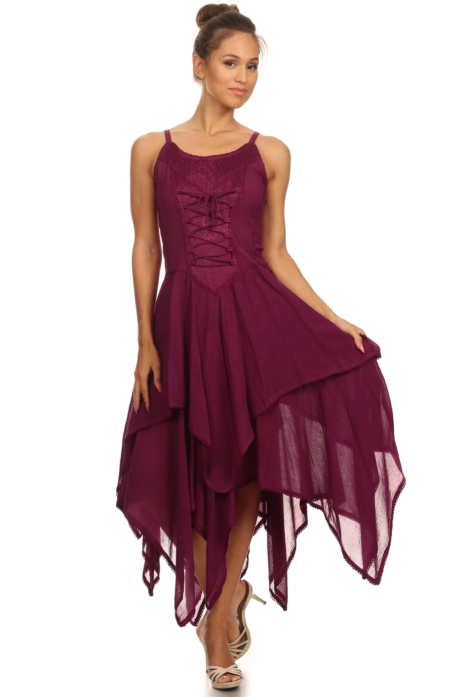 Sakkas Lady Mary Jacquard Corset Style Bodice Lightweight Handkerchief Hem Dress - Concordia Style Boutique