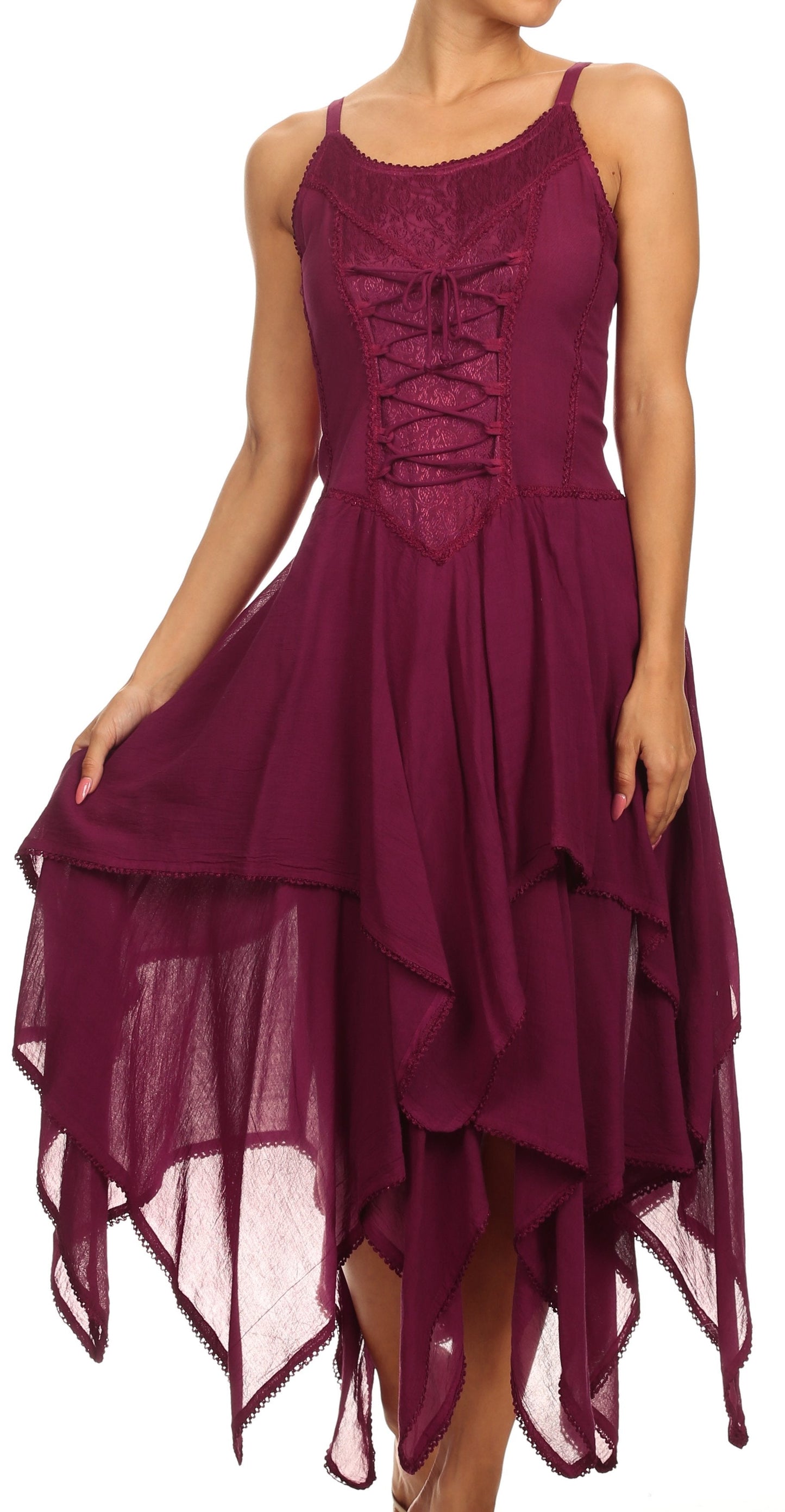 Sakkas Lady Mary Jacquard Corset Style Bodice Lightweight Handkerchief Hem Dress - Concordia Style Boutique
