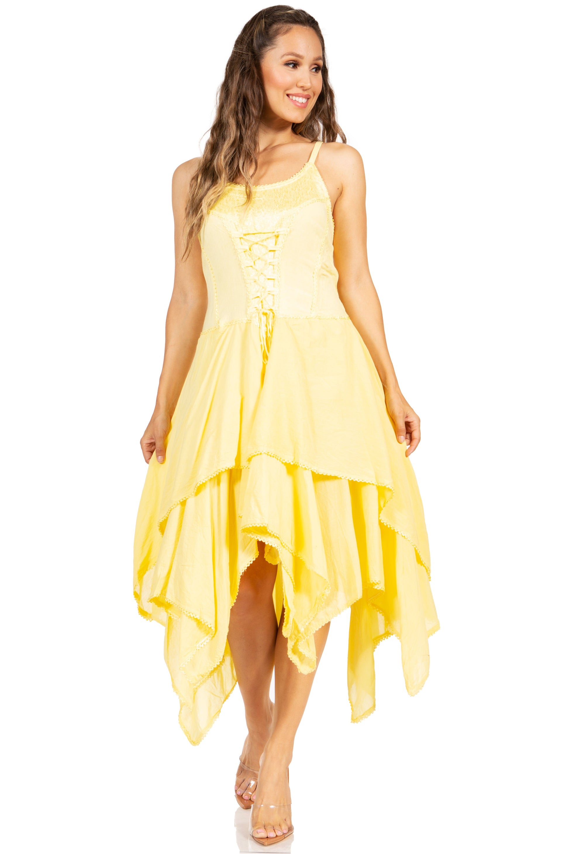 Sakkas Lady Mary Jacquard Corset Style Bodice Lightweight Handkerchief Hem Dress - Concordia Style Boutique