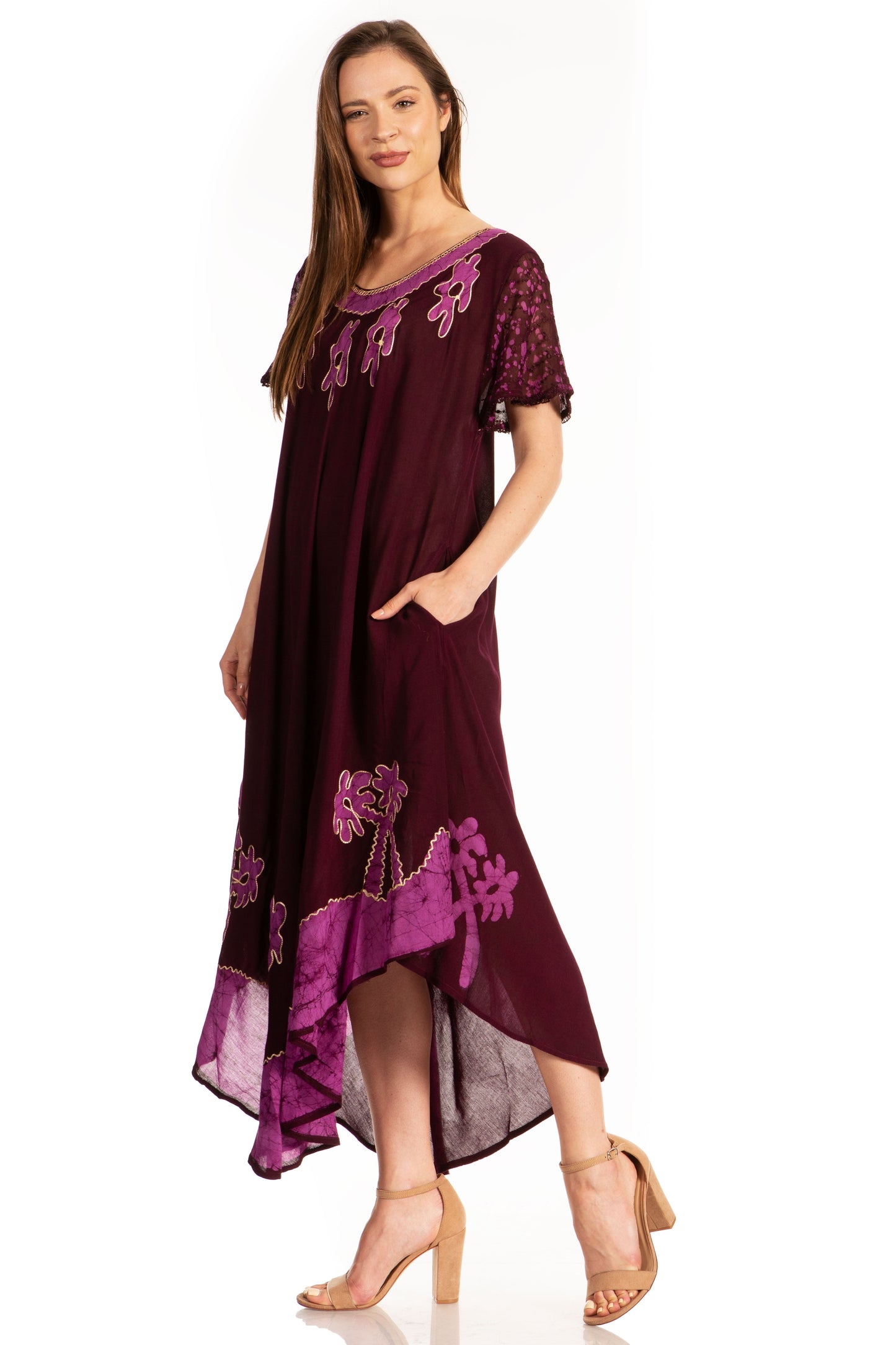 Sakkas Batik Palm Tree Cap Sleeve Caftan Dress / Cover Up - Concordia Style Boutique