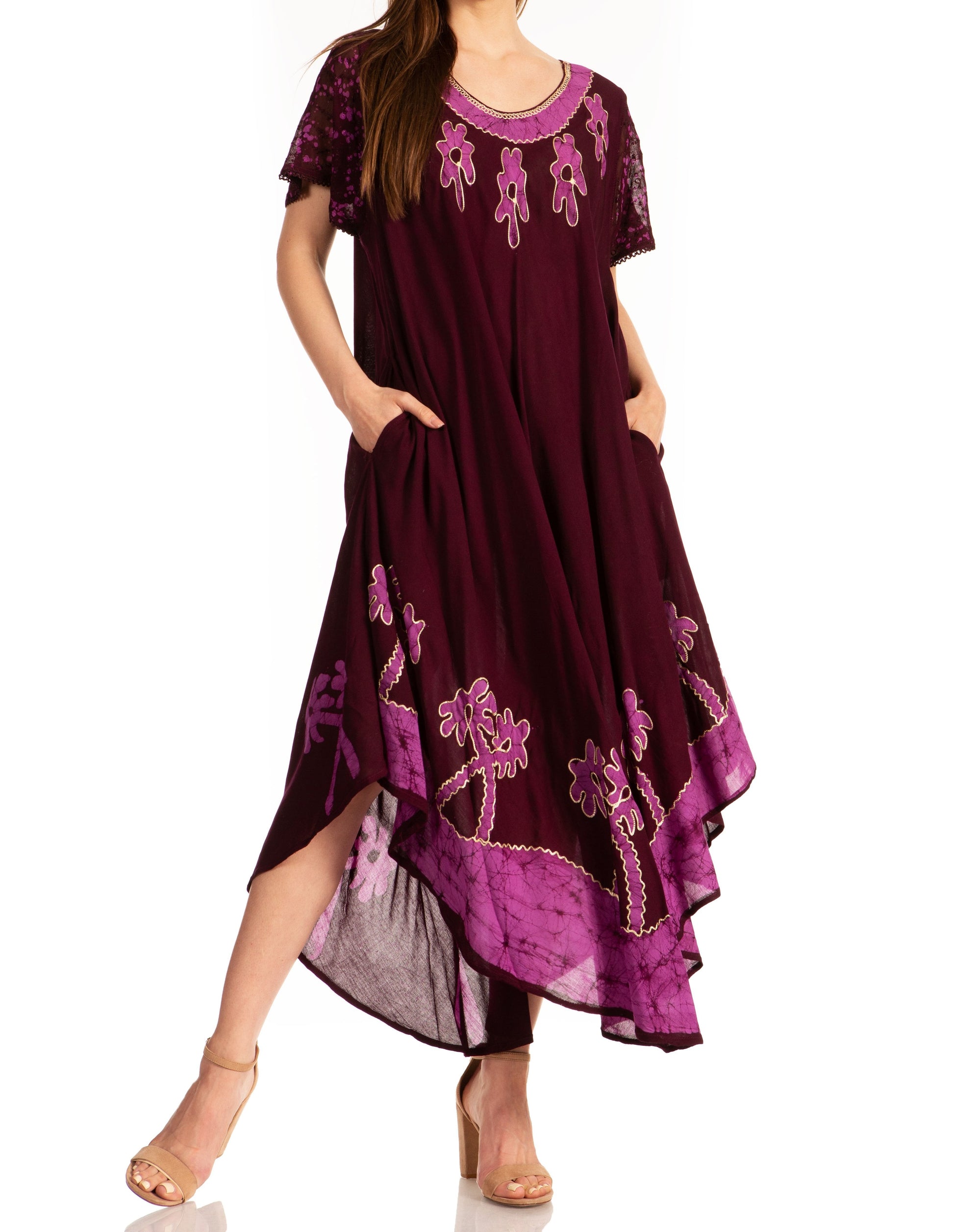 Sakkas Batik Palm Tree Cap Sleeve Caftan Dress / Cover Up - Concordia Style Boutique