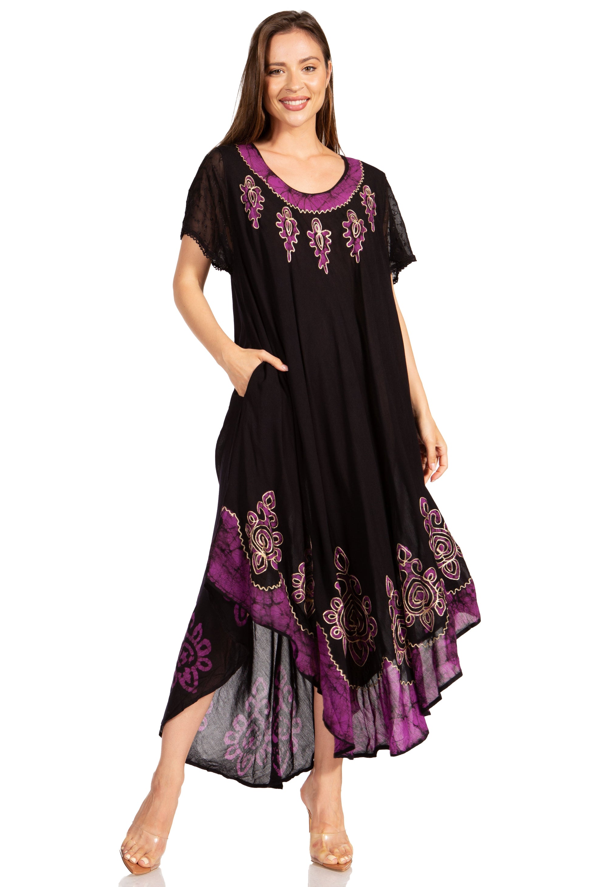 Sakkas Batik Hindi Cap Sleeve Caftan Dress / Cover Up - Concordia Style Boutique