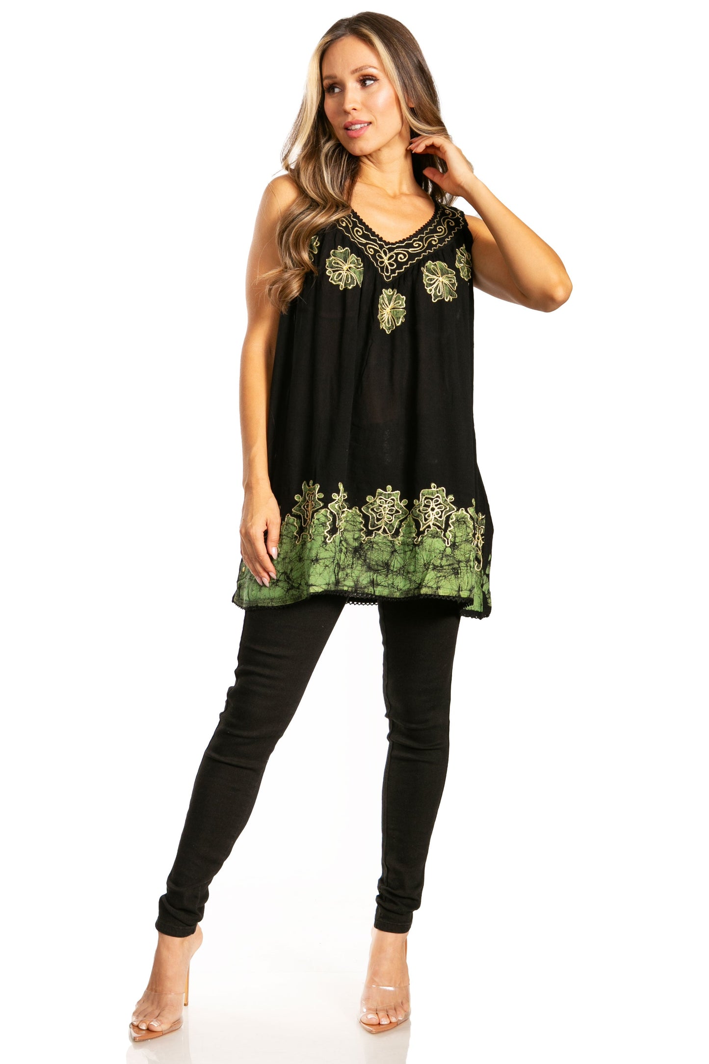 Sakkas Batik Embroidered V-Neck Sleeveless Blouse - Concordia Style Boutique
