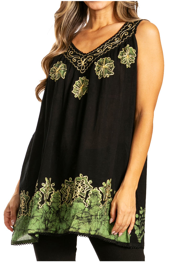 Sakkas Batik Embroidered V-Neck Sleeveless Blouse - Concordia Style Boutique