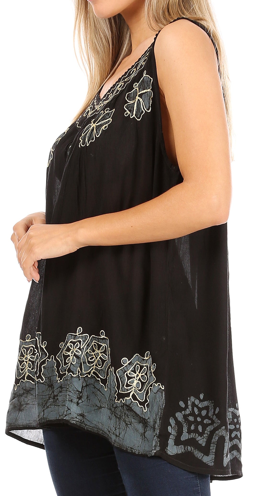 Sakkas Batik Embroidered V-Neck Sleeveless Blouse - Concordia Style Boutique