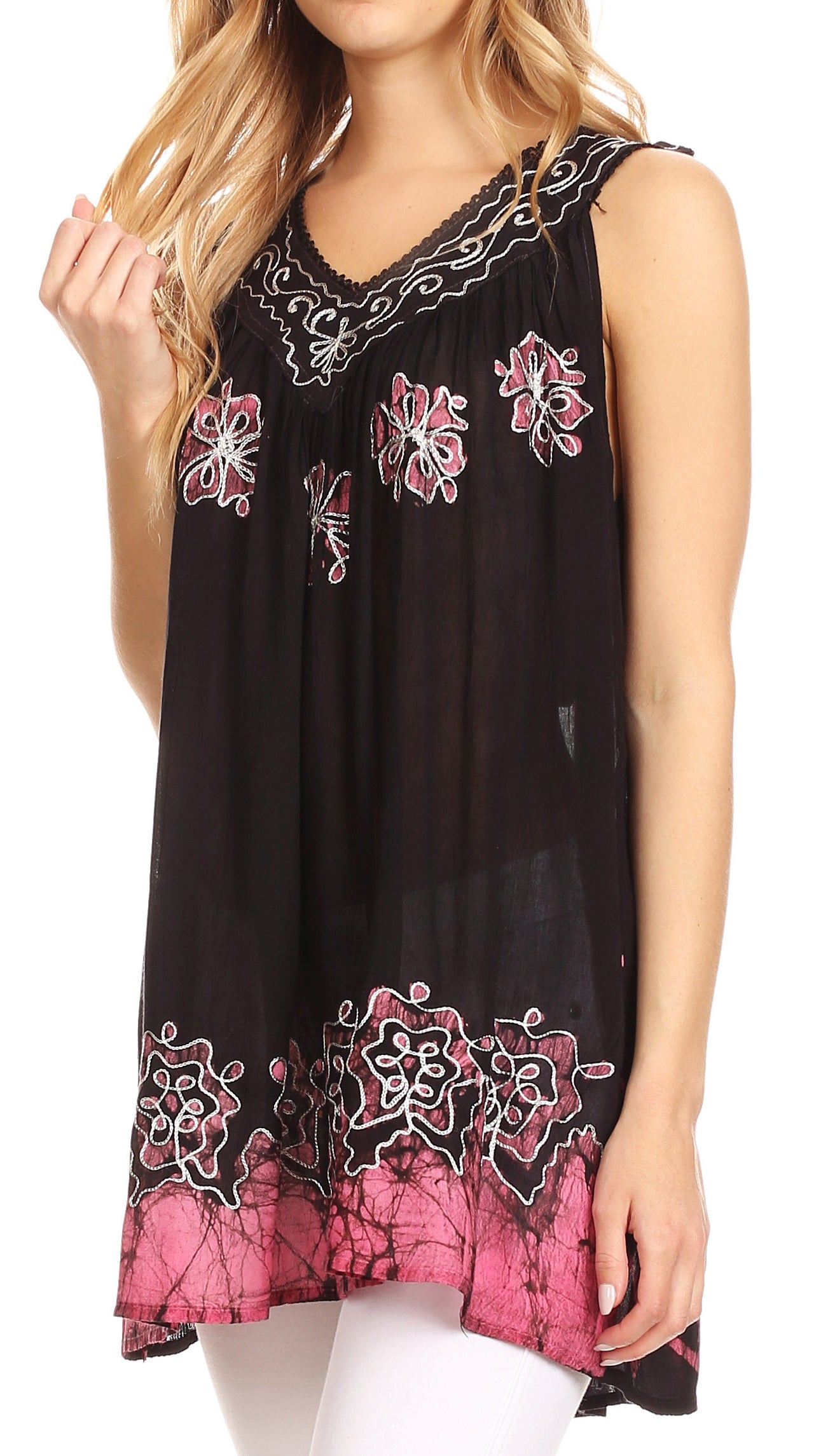 Sakkas Batik Embroidered V-Neck Sleeveless Blouse - Concordia Style Boutique