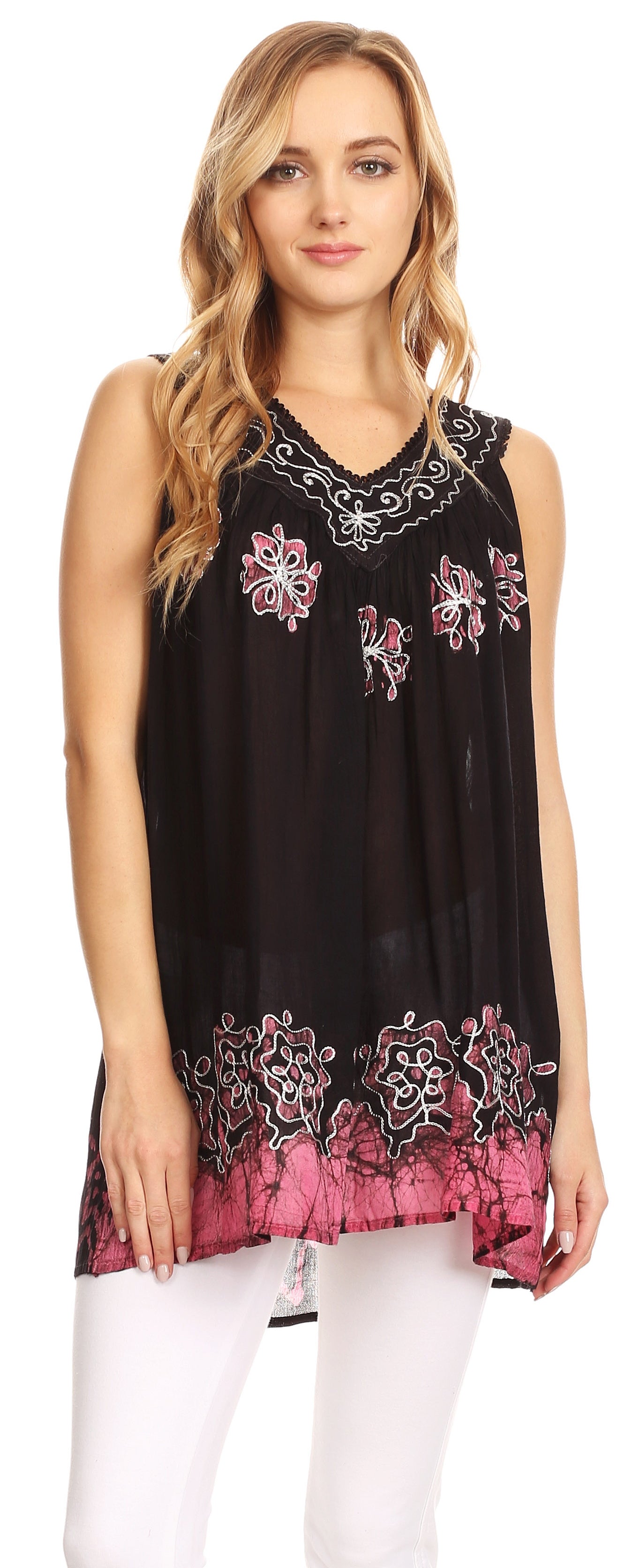 Sakkas Batik Embroidered V-Neck Sleeveless Blouse - Concordia Style Boutique