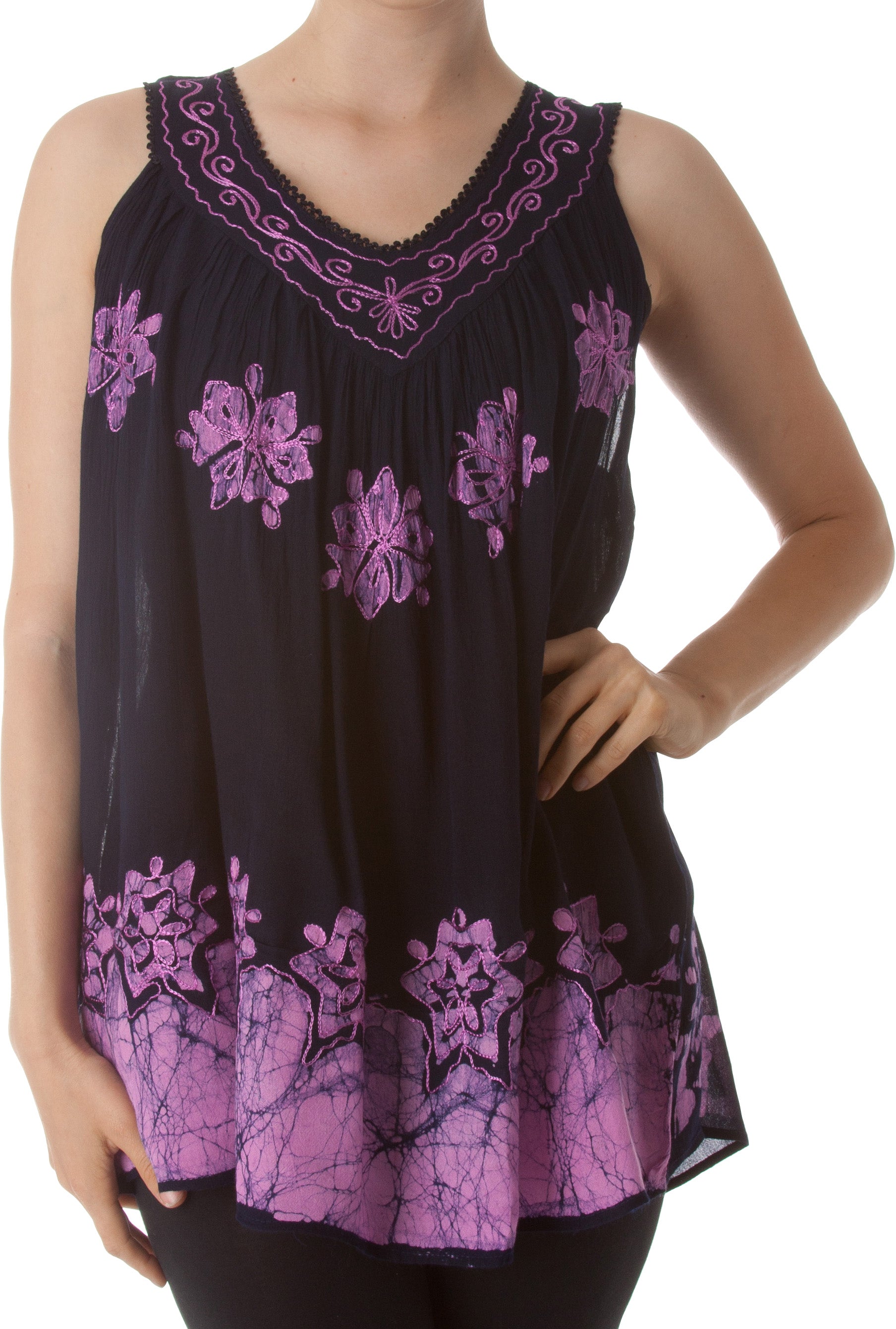 Sakkas Batik Embroidered V-Neck Sleeveless Blouse - Concordia Style Boutique