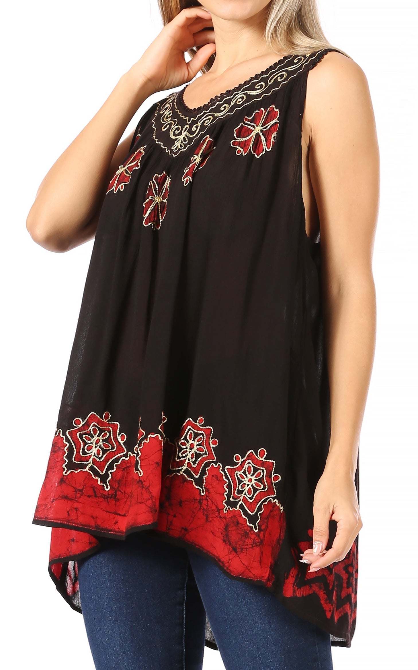 Sakkas Batik Embroidered V-Neck Sleeveless Blouse - Concordia Style Boutique