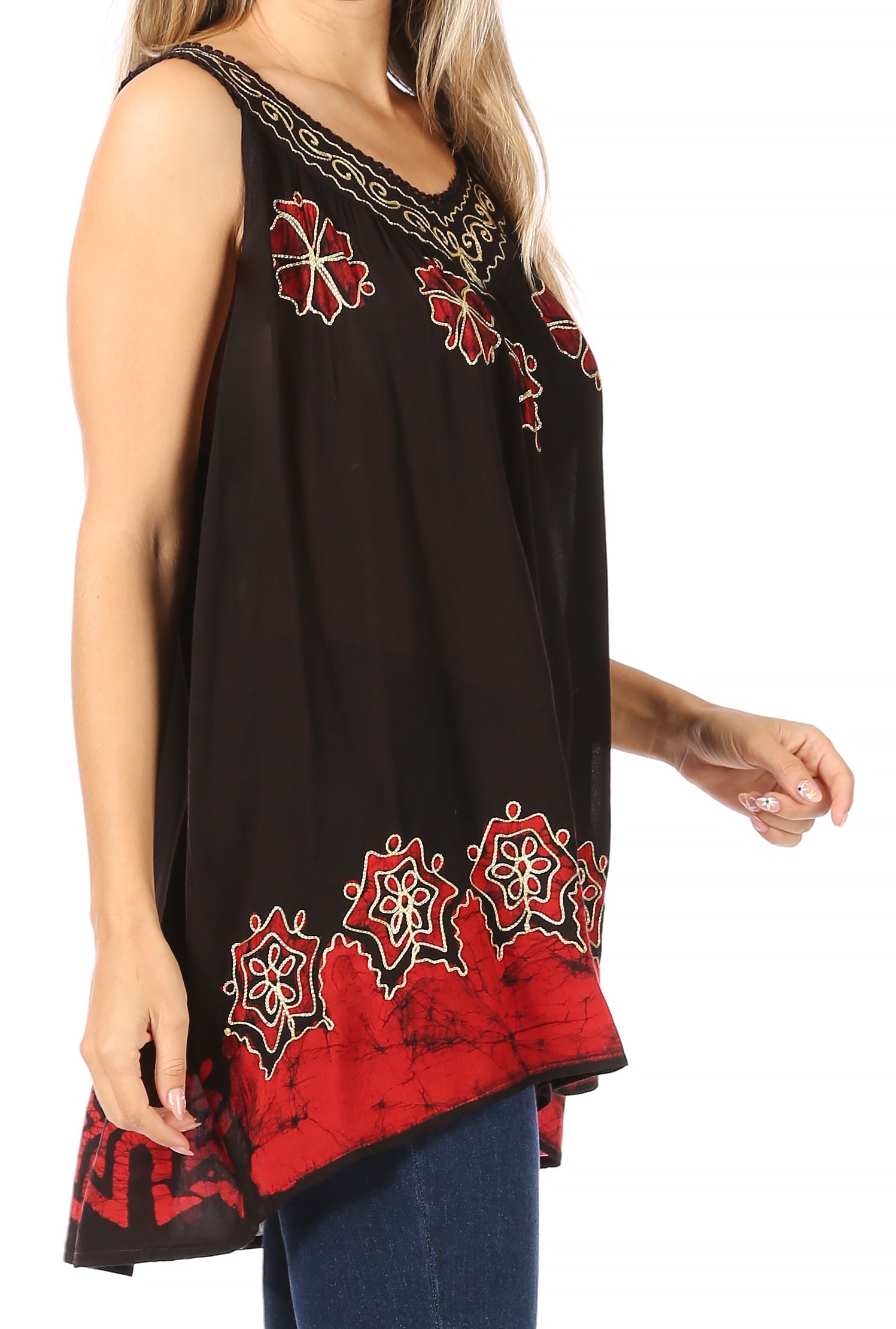 Sakkas Batik Embroidered V-Neck Sleeveless Blouse - Concordia Style Boutique