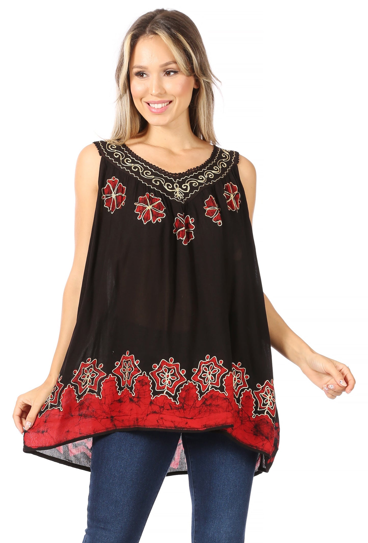 Sakkas Batik Embroidered V-Neck Sleeveless Blouse - Concordia Style Boutique