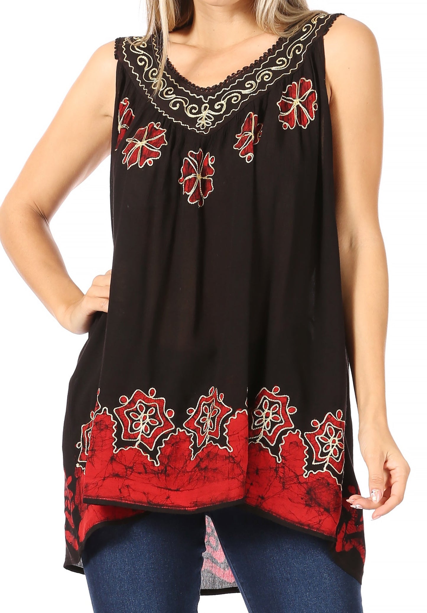 Sakkas Batik Embroidered V-Neck Sleeveless Blouse - Concordia Style Boutique