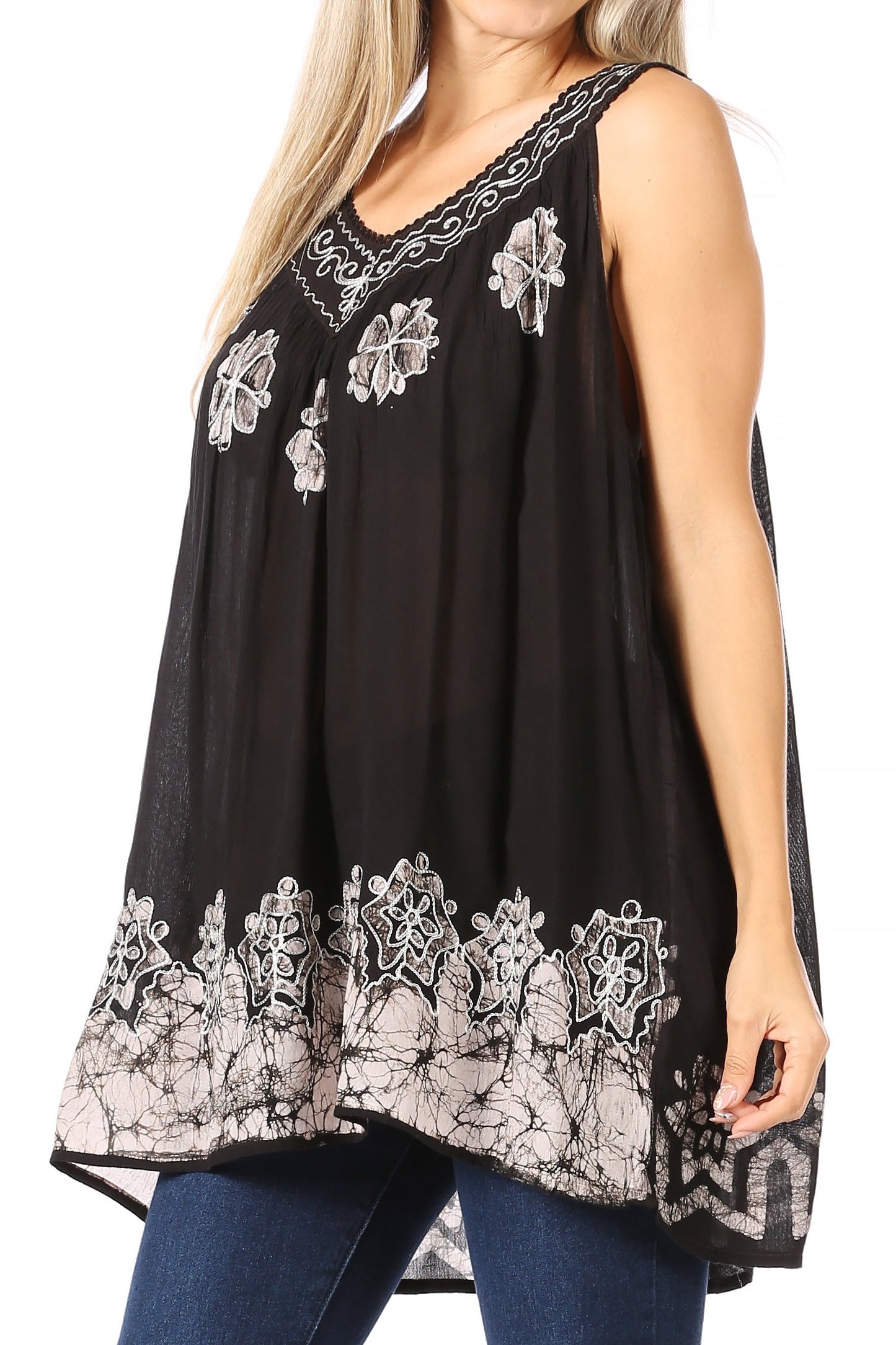 Sakkas Batik Embroidered V-Neck Sleeveless Blouse - Concordia Style Boutique