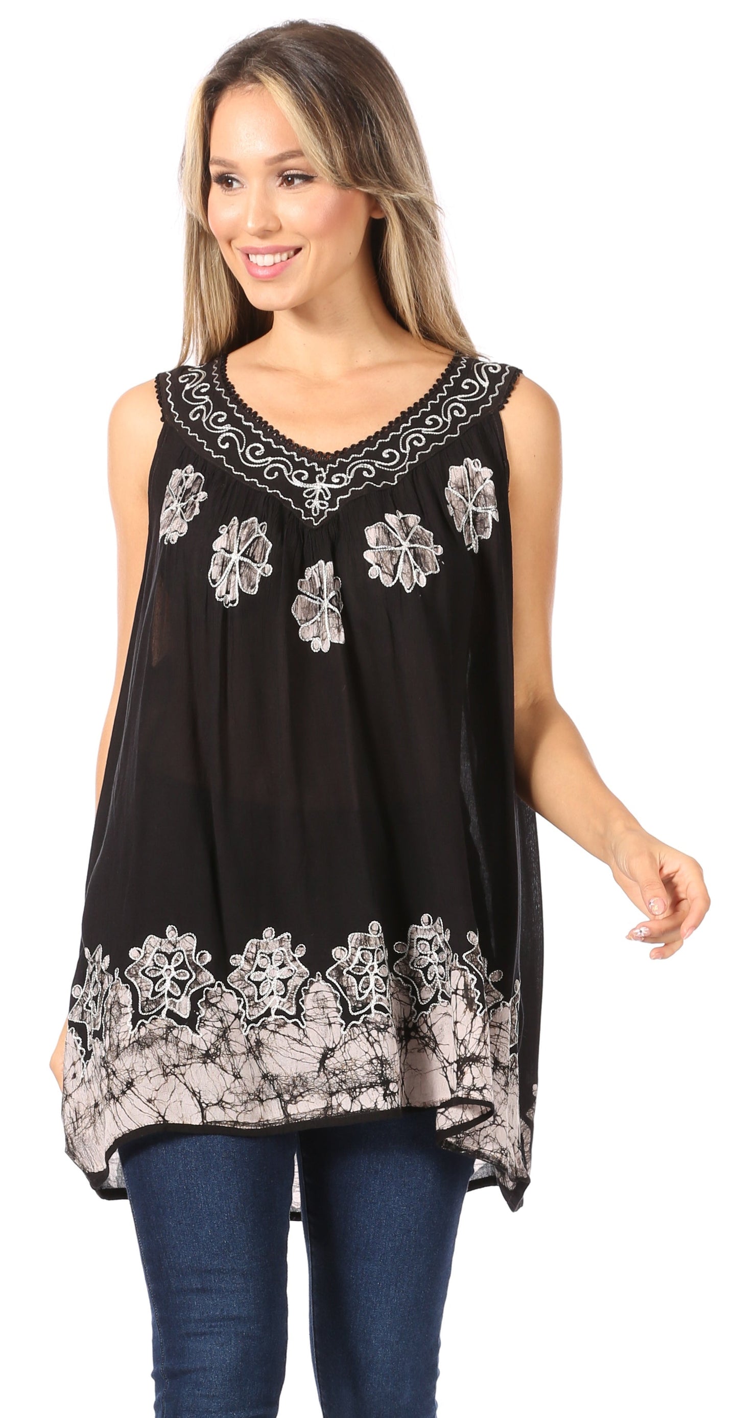 Sakkas Batik Embroidered V-Neck Sleeveless Blouse - Concordia Style Boutique