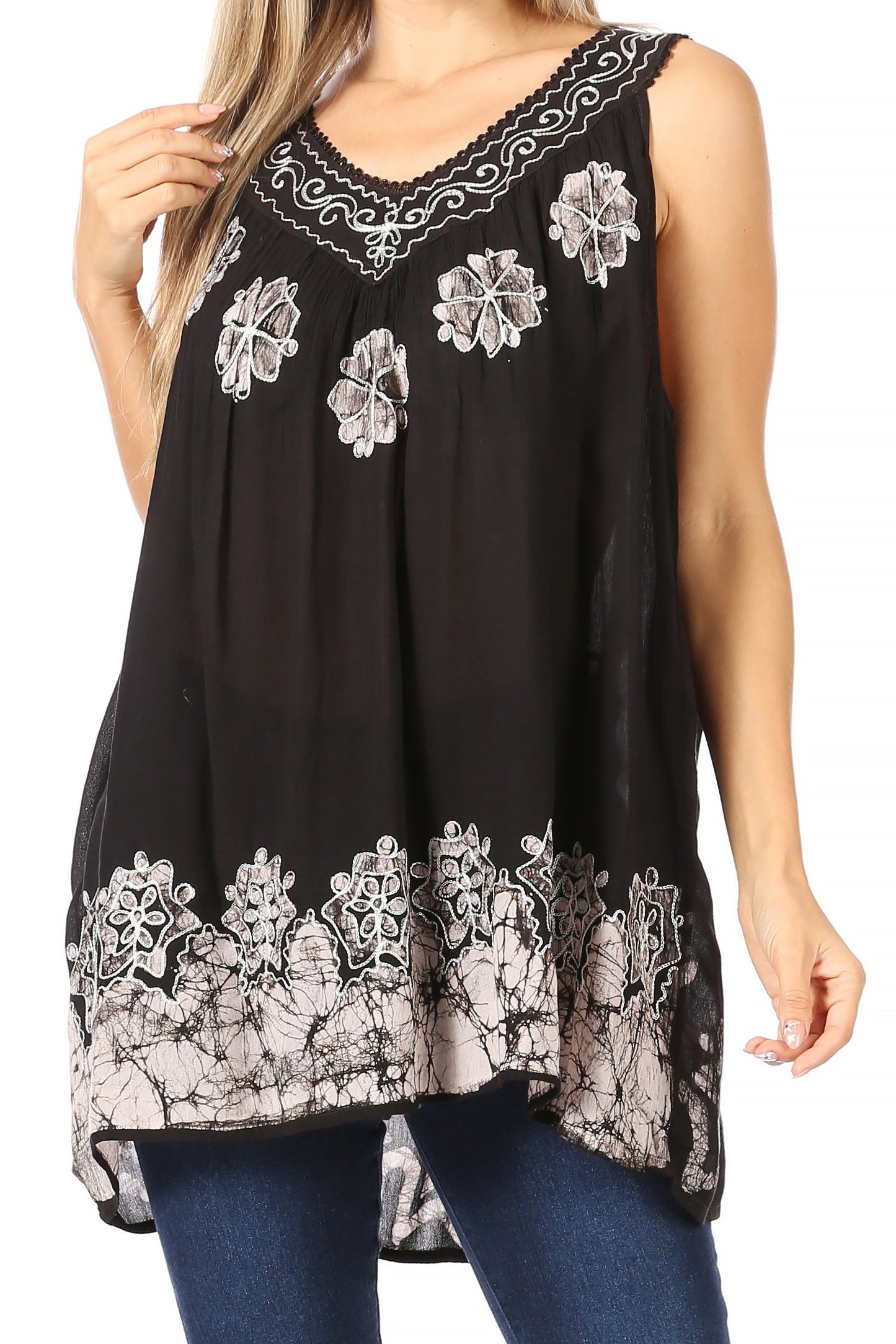 Sakkas Batik Embroidered V-Neck Sleeveless Blouse - Concordia Style Boutique