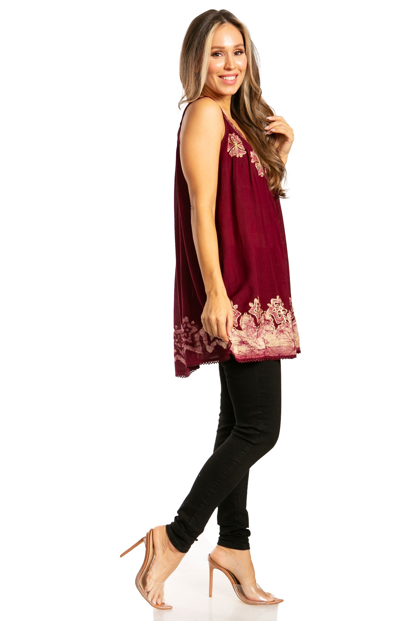 Sakkas Batik Embroidered V-Neck Sleeveless Blouse - Concordia Style Boutique
