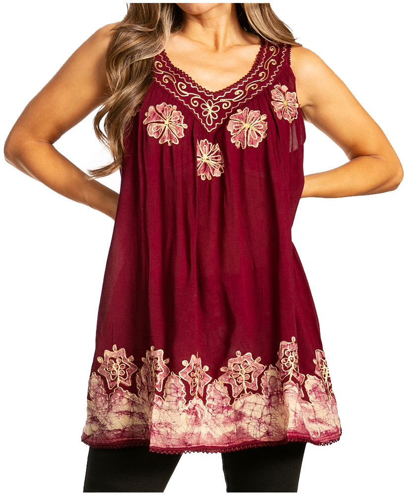 Sakkas Batik Embroidered V-Neck Sleeveless Blouse - Concordia Style Boutique