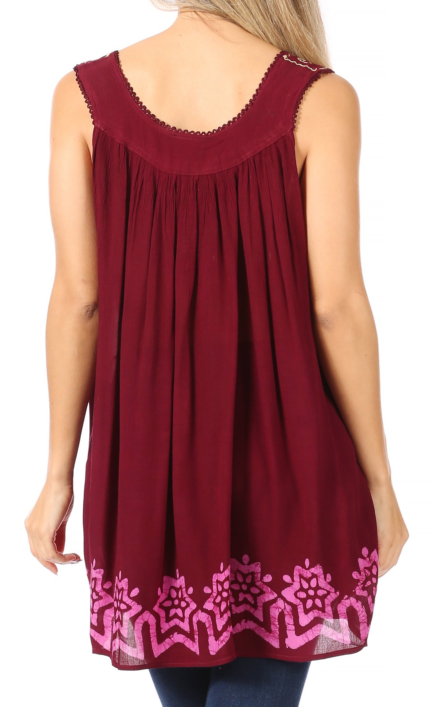 Sakkas Batik Embroidered V-Neck Sleeveless Blouse - Concordia Style Boutique